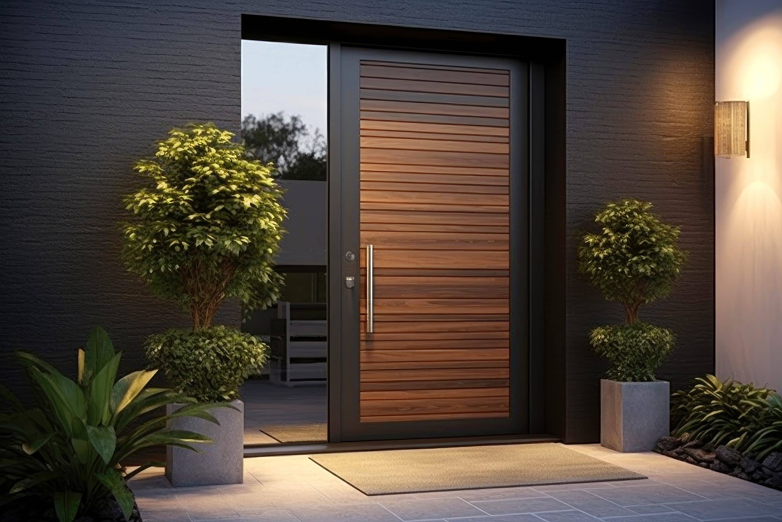 Moderne Fiberglas-Eingangstür mit Holzmaserung, Einzeltür mit einem Seitenlicht.