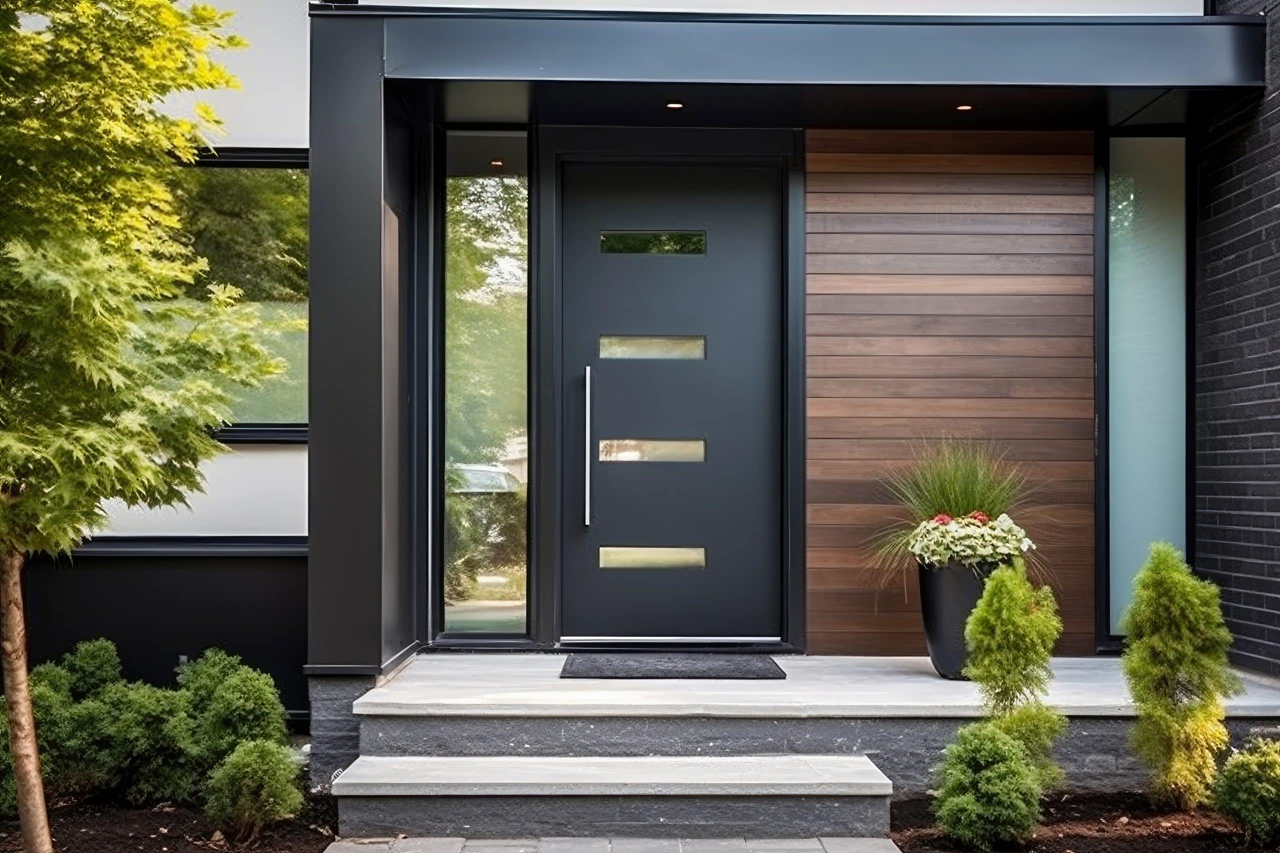 Moderne schwarze Fiberglas-Eingangstür, Einzeltür mit einem Seitenlicht.