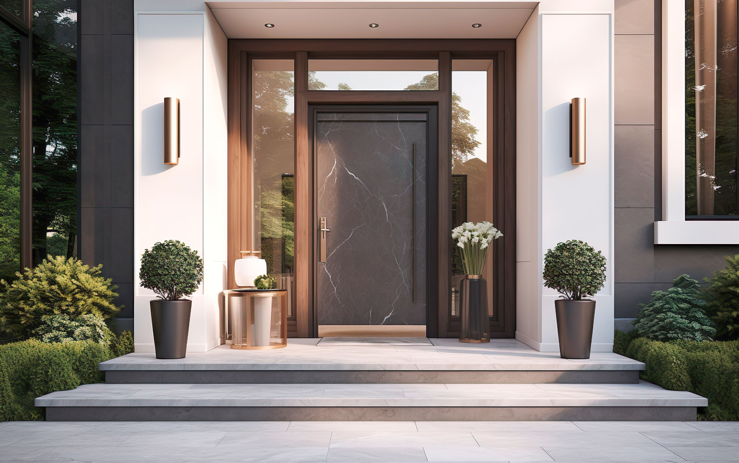 Blick auf die elegante Eingangstür in Marmoroptik eines modernen Hauses mit wunderschönen Topfpflanzen und edlen Accessoires.