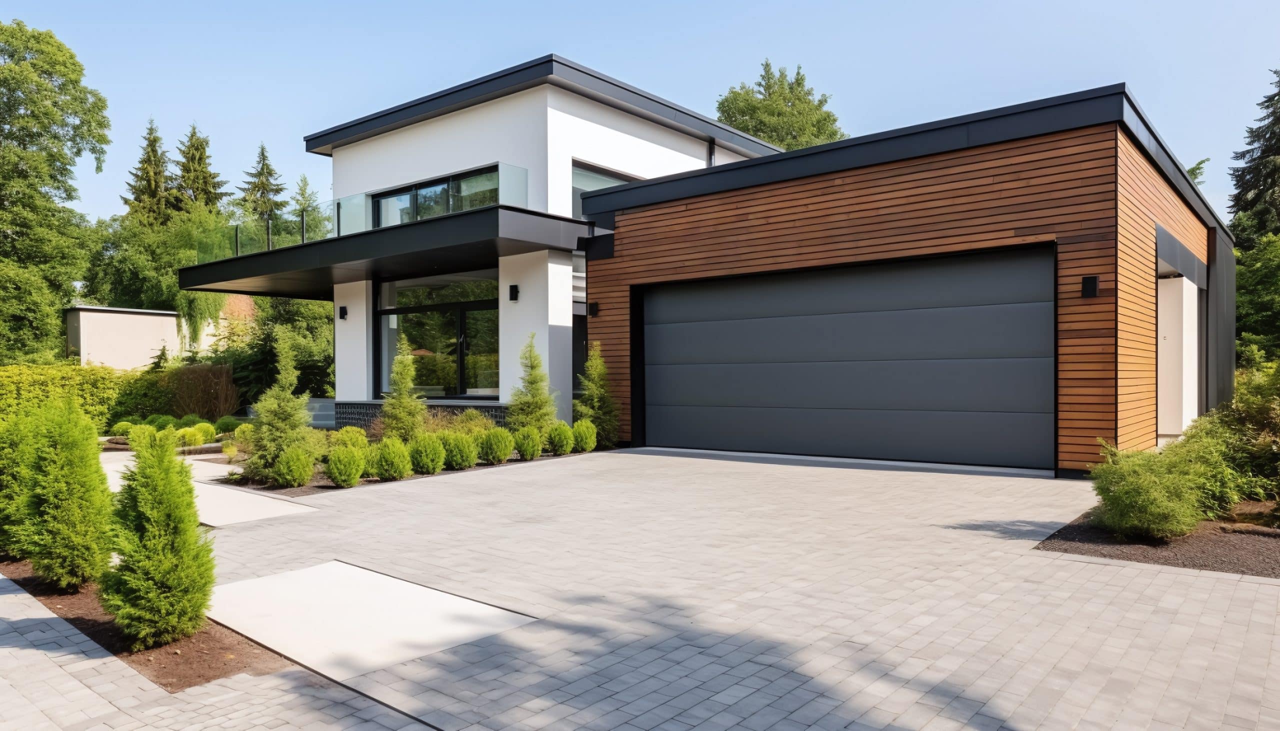 Modernes Wohnhaus mit Sektionaltor in Anthrazit im Vordergrund inmitten einer malerischen Sommerlandschaft mit zahlreichen Bäumen und Sträuchern.
