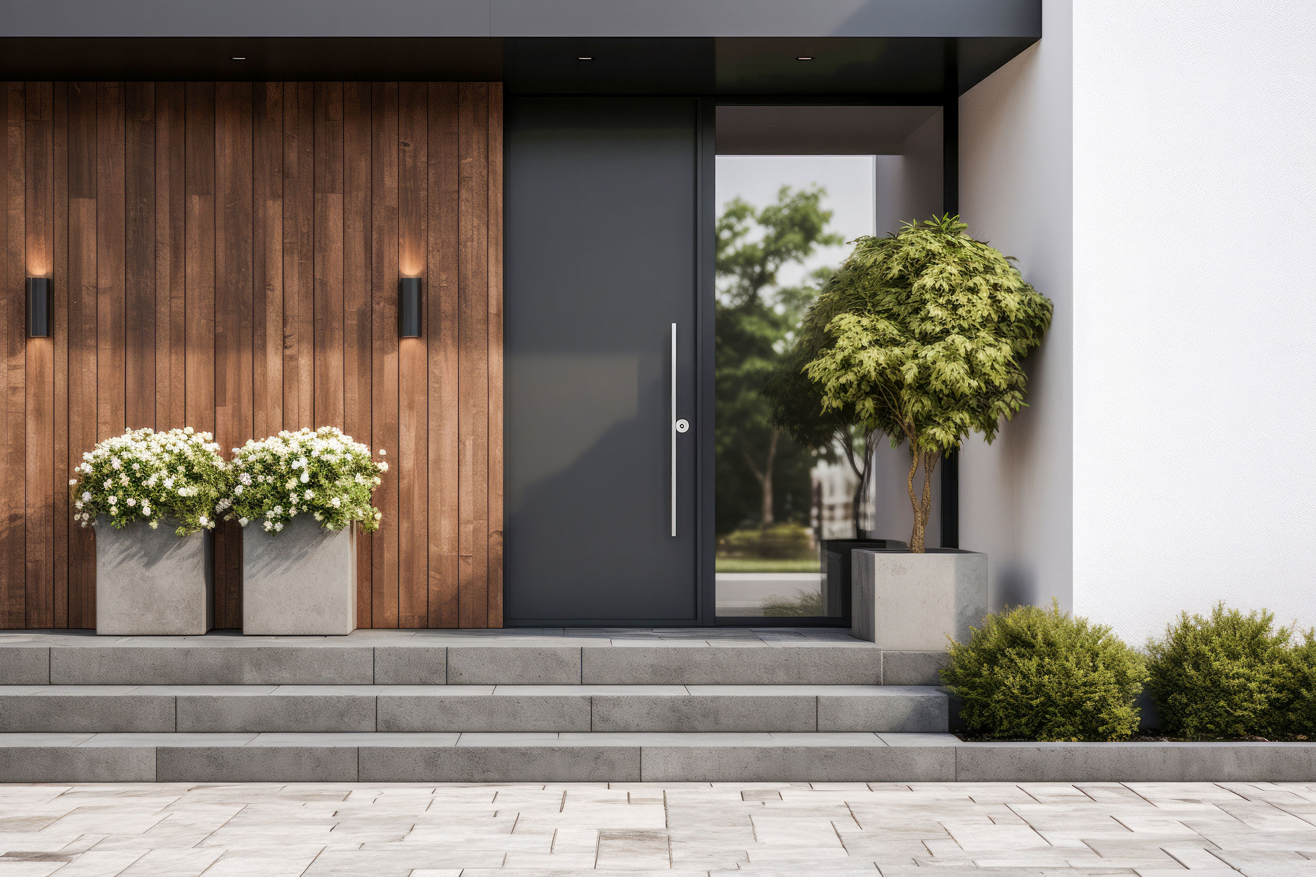 Eingang zu einem modernen Einfamilienhaus mit einer anthrazitfarbenen Haustüre aus Aluminium, Steinstufen und attraktiven Pflanztöpfen in grau.