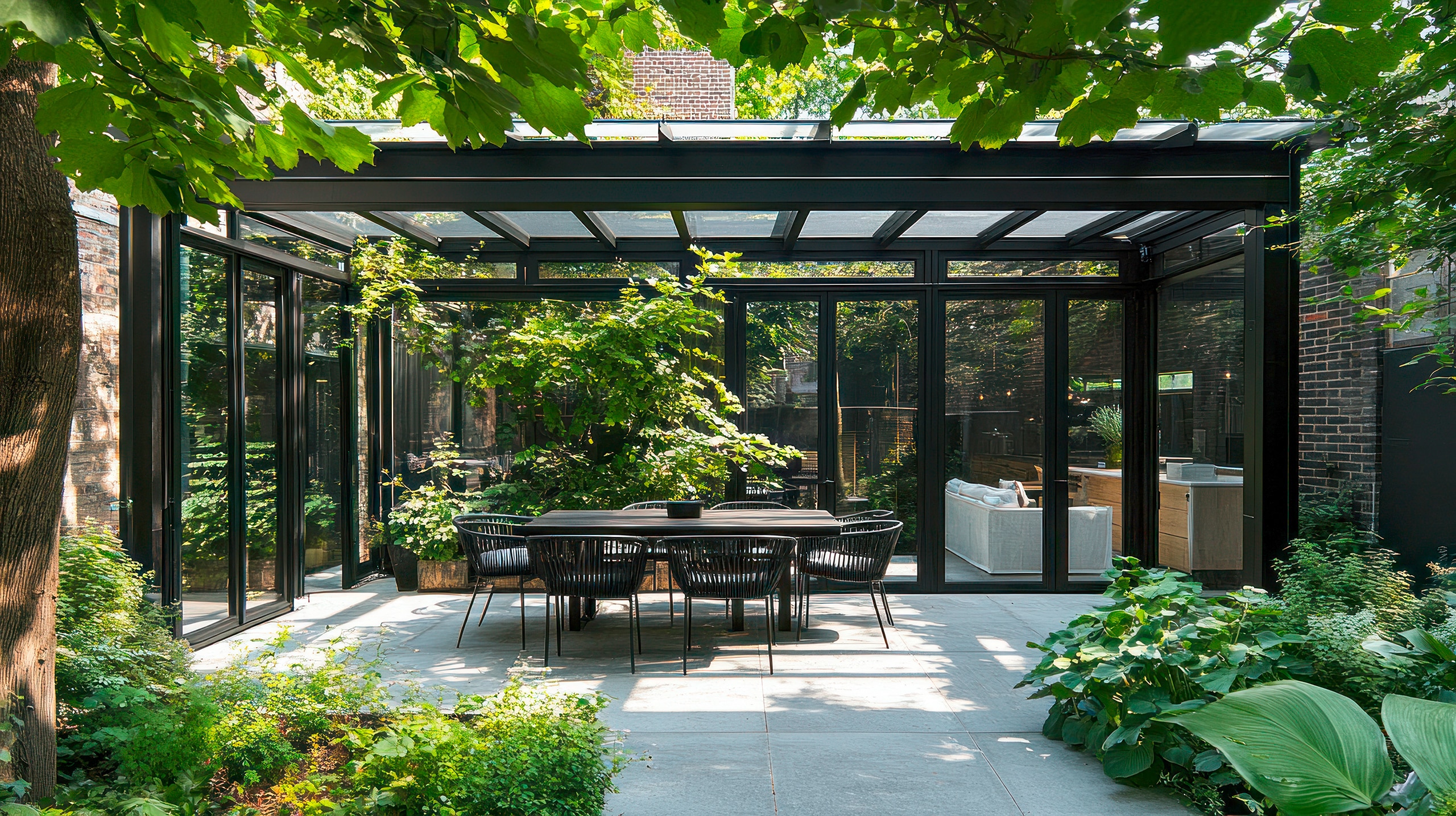 Moderne Terrasse mit Pergola, Essgruppe und üppigem Grün.