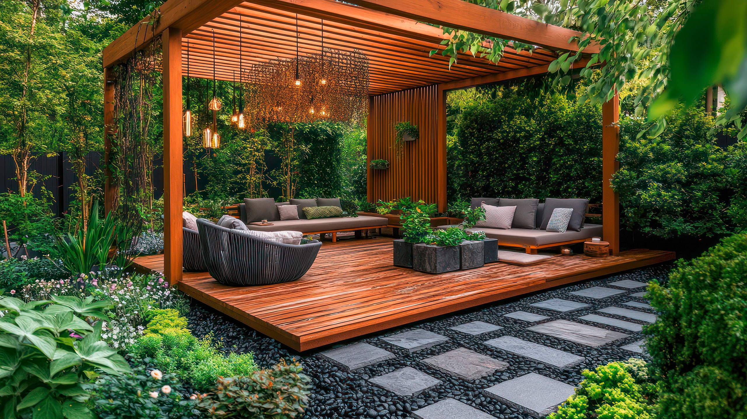 Moderne Gartenpergola mit Loungebereich als zweiter Wohnraum im Freien.