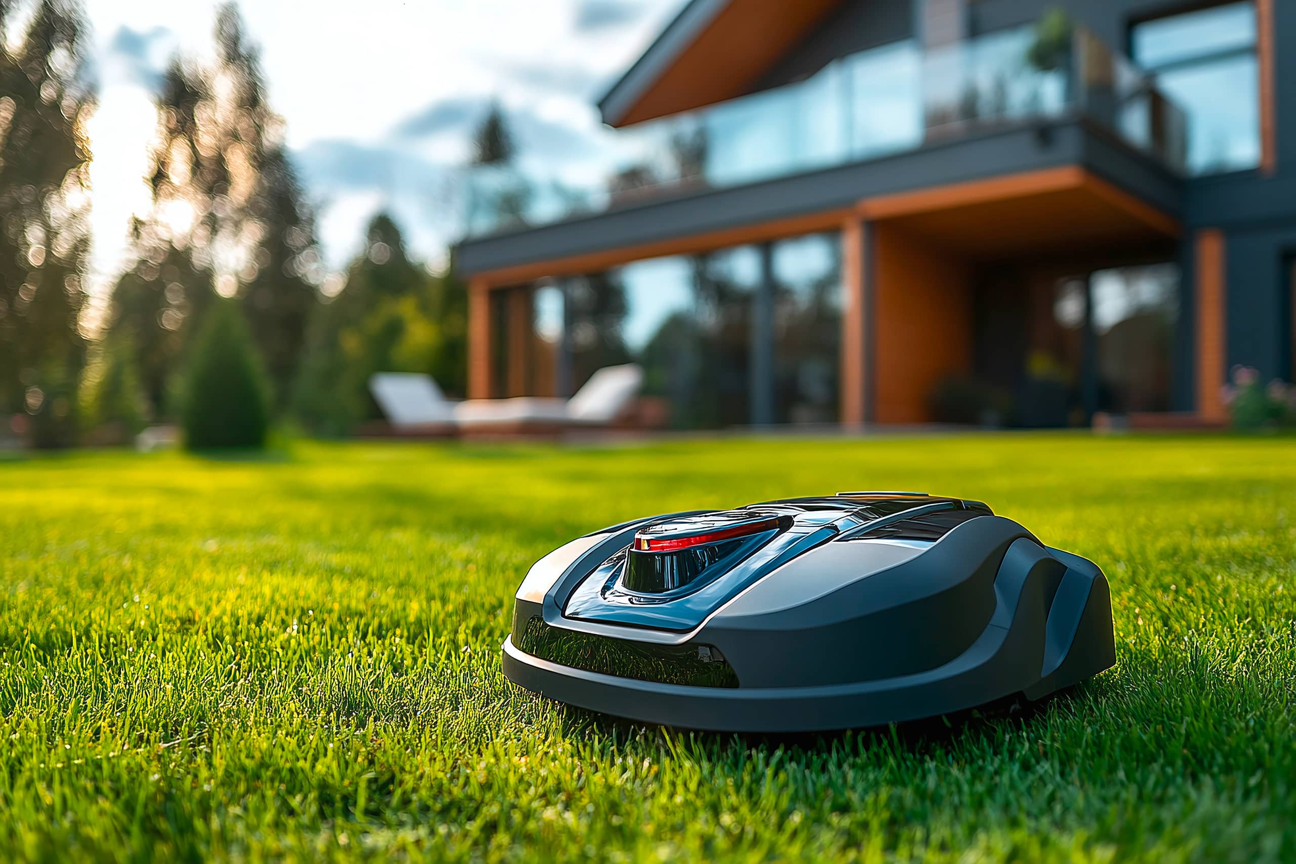 Moderner Roboter-Rasenmäher schneidet Gras in luxuriösen Wohngärten. Innovation und Öko-Technologie für stilvollen Vorstadt-Lebensstil.