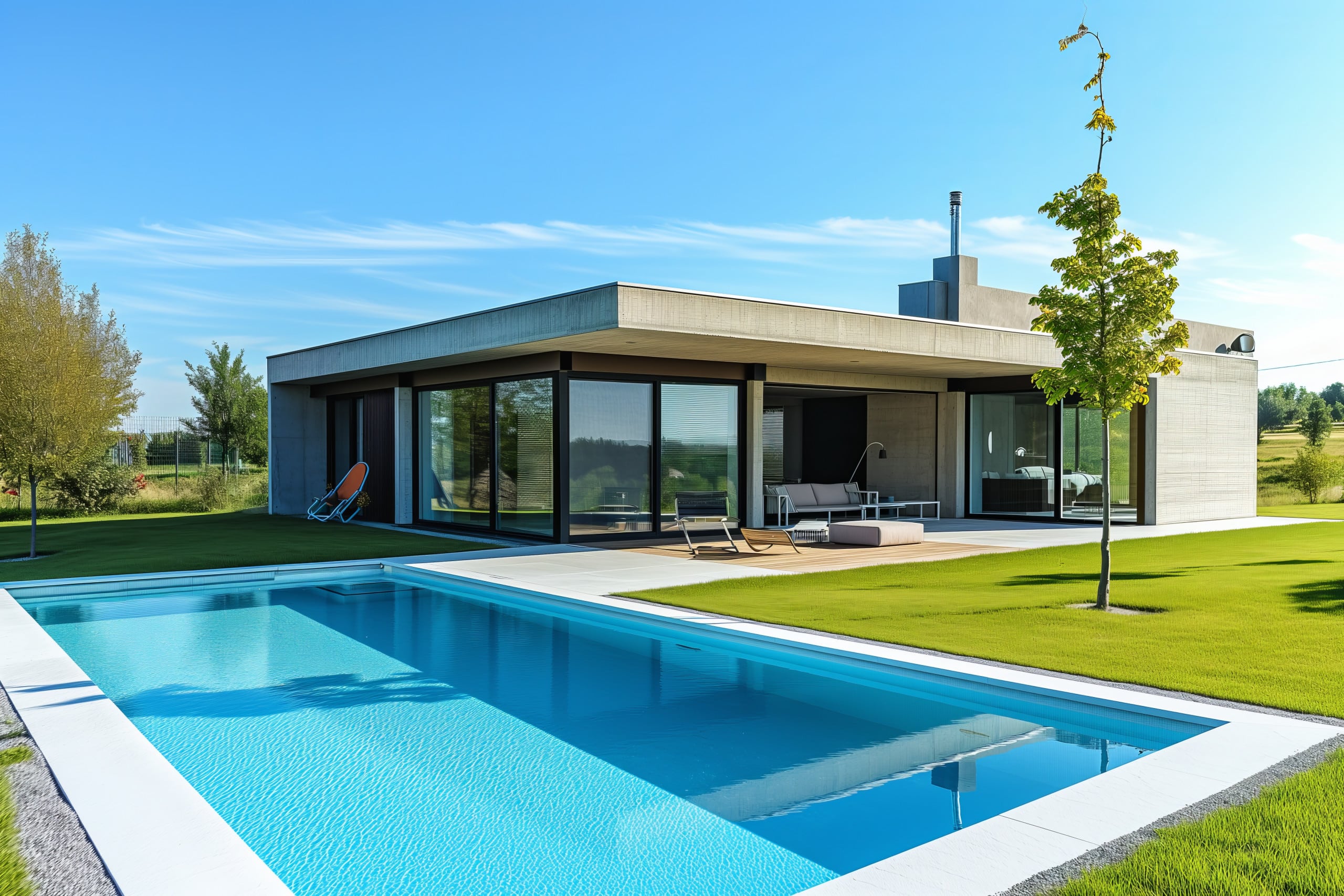 Moderne Architektur Design ein Modell eines zeitgenössischen kreativen Einfamilienhauses mit hohen Fenstern und Betonoptik im Grünen mit einem riesigen klaren Swimmingpool.