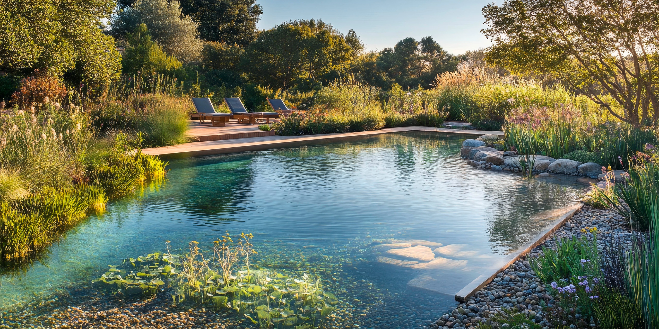 Professionell angelegter Naturschwimmteich, Steinen, Pflanzen- und Schilfbereiche und glasklarem Wasser, mit einladender Holzterrasse auf 2 Ebenen. Die Umgebung profitiert von üppigem Grün und ländlicher Natur.