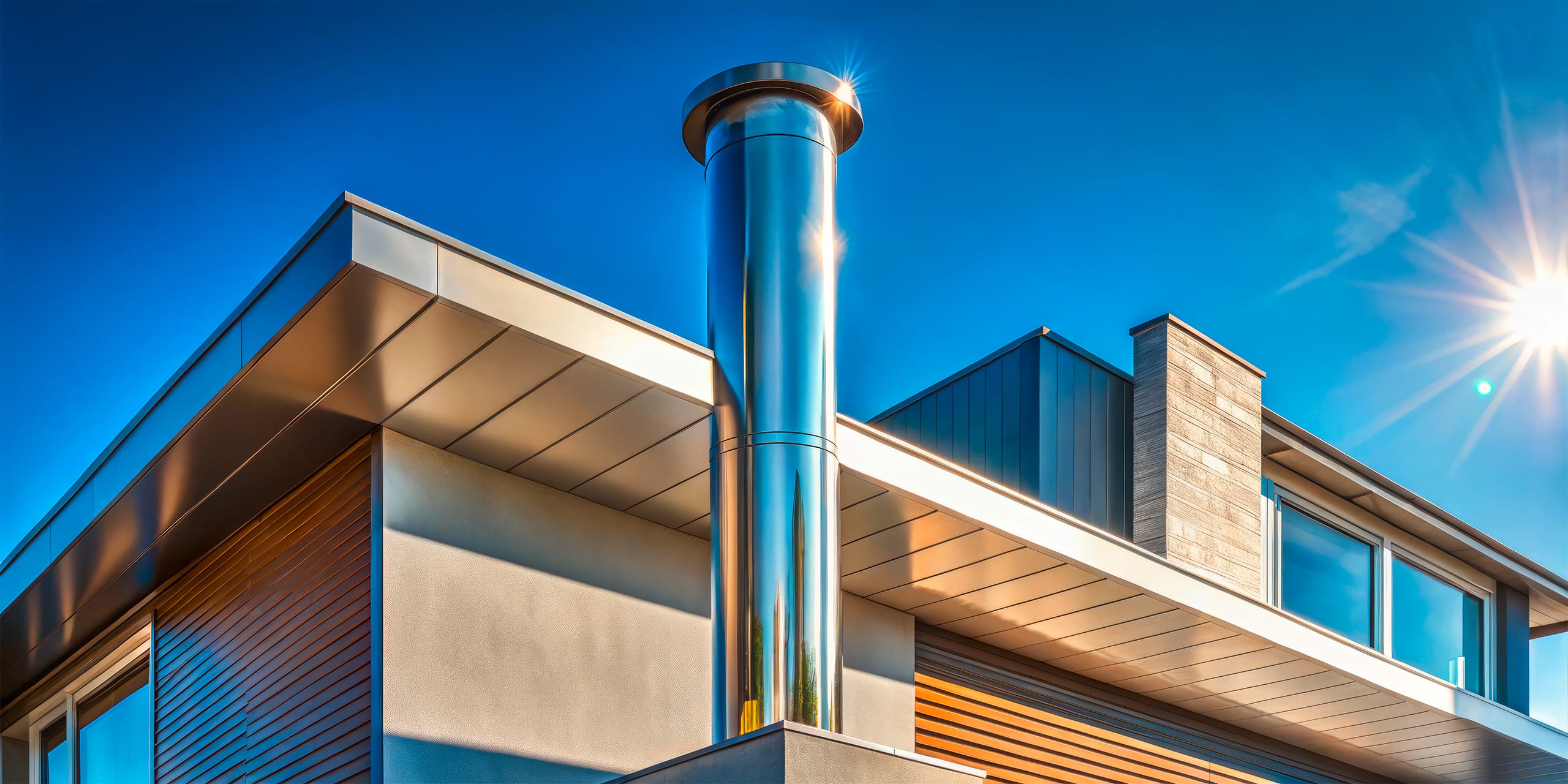 Modernes Schornsteinrohr (Rauchfang) aus Edelstahl auf dem Dach: Ästhetische Ansichten urbaner Architektur und modernen Wohndesigns vor strahlend blauem Himmel – für stilvolles Wohnen. - KI-generiert