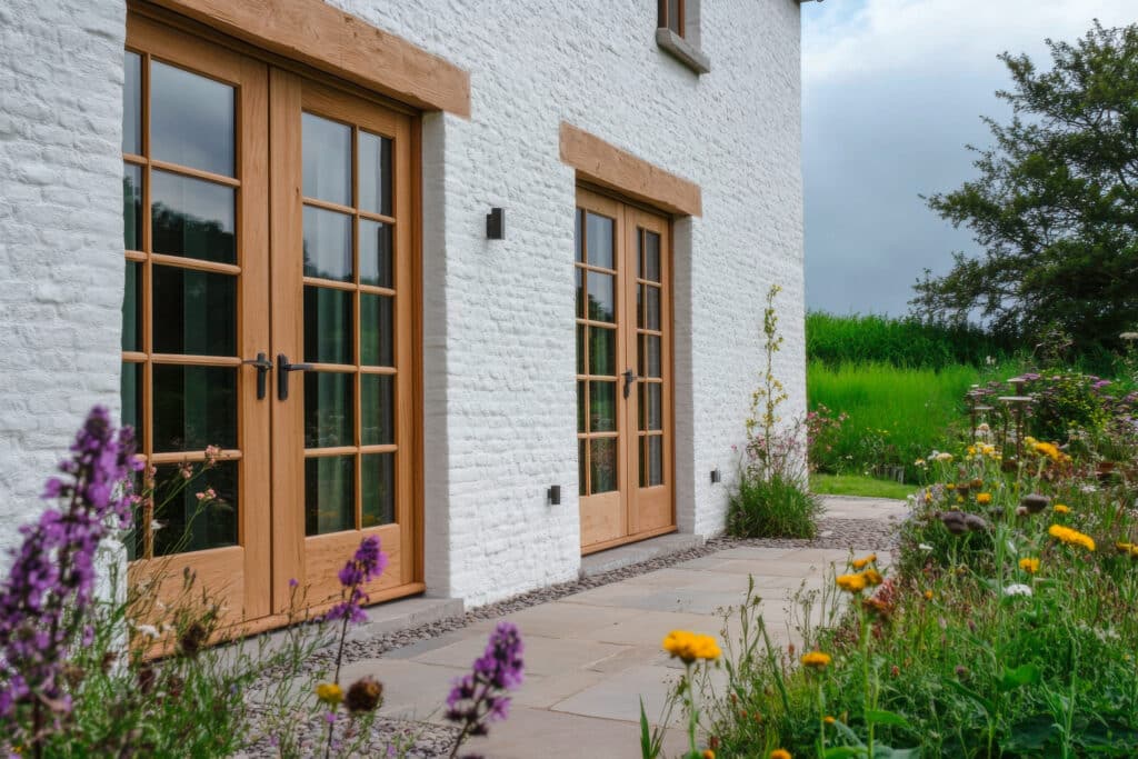Charmanter, rustikaler Cottage-Eingang mit Holztüren, umgeben von farbenprächtigen Blumen an einem bewölkten Tag in idyllischer ländlicher Umgebung.