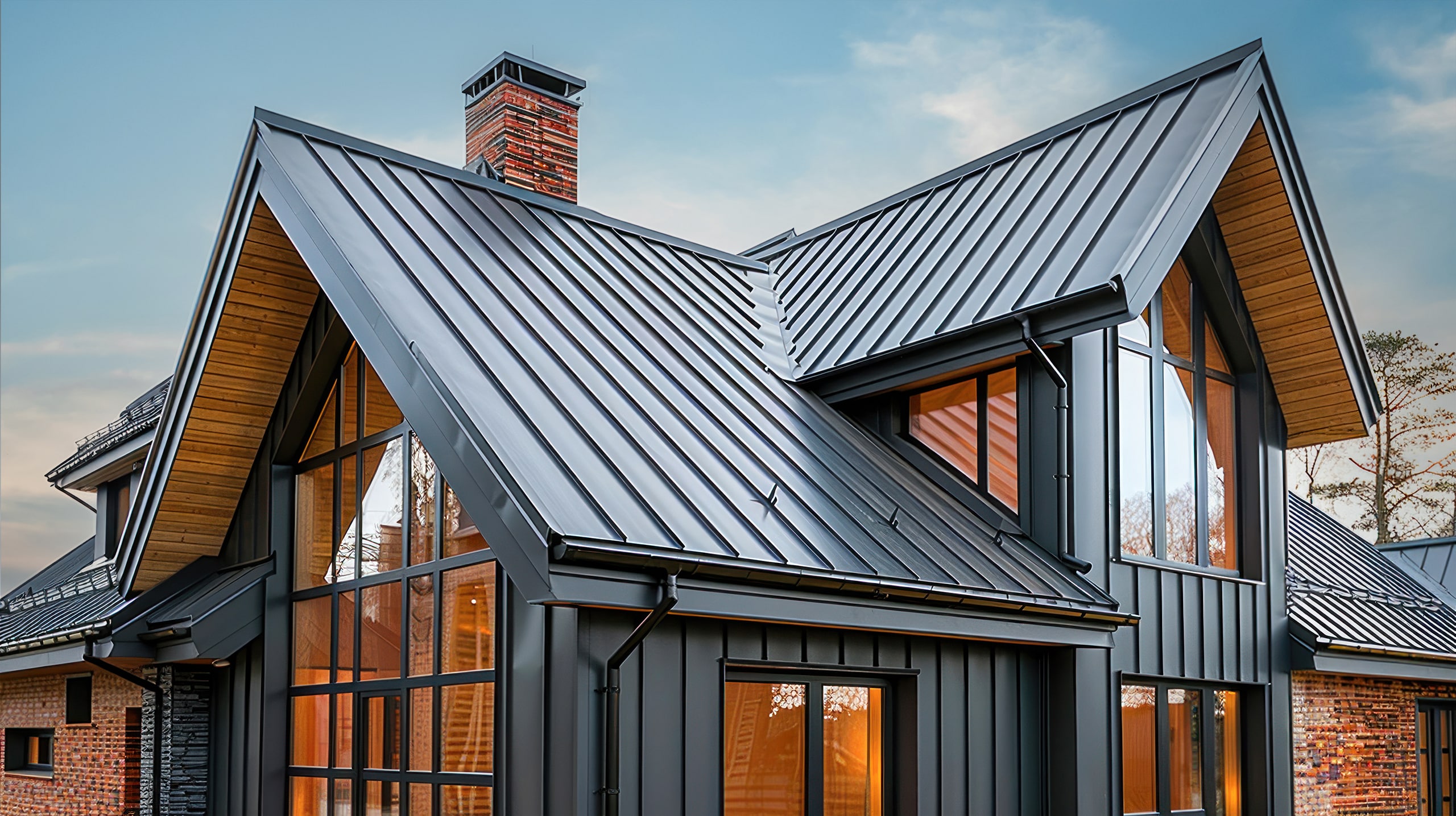 Detailbild eines modernen Daches in Anthrazit mit sauber verlegten Metallbahnen als Dachdeckung inkl. Einfassung des Kamins bzw. Schornsteins via eines Spenglers.