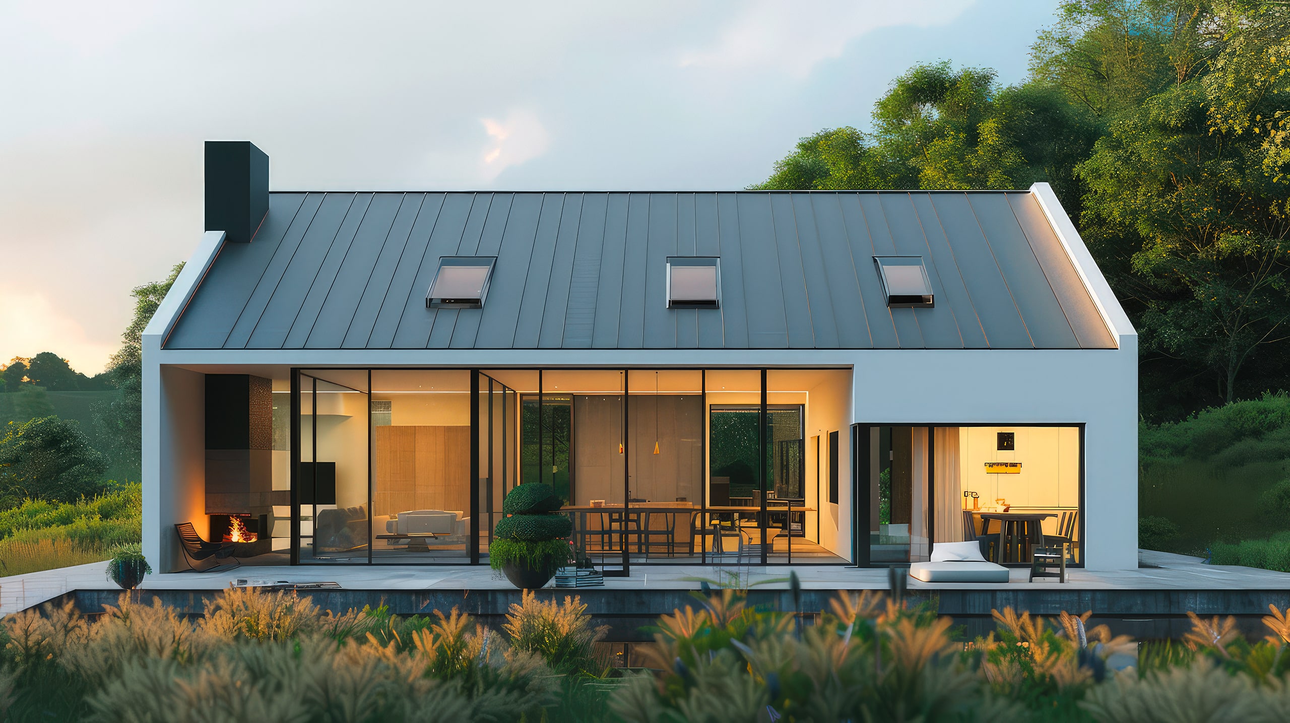 Minimalistisches, modernes Bauernhaus mit elegantem Satteldach und großen Glasfenstern und -türen sorgt für ein helles, luftiges Ambiente, ergänzt durch eine ruhige Naturlandschaft.