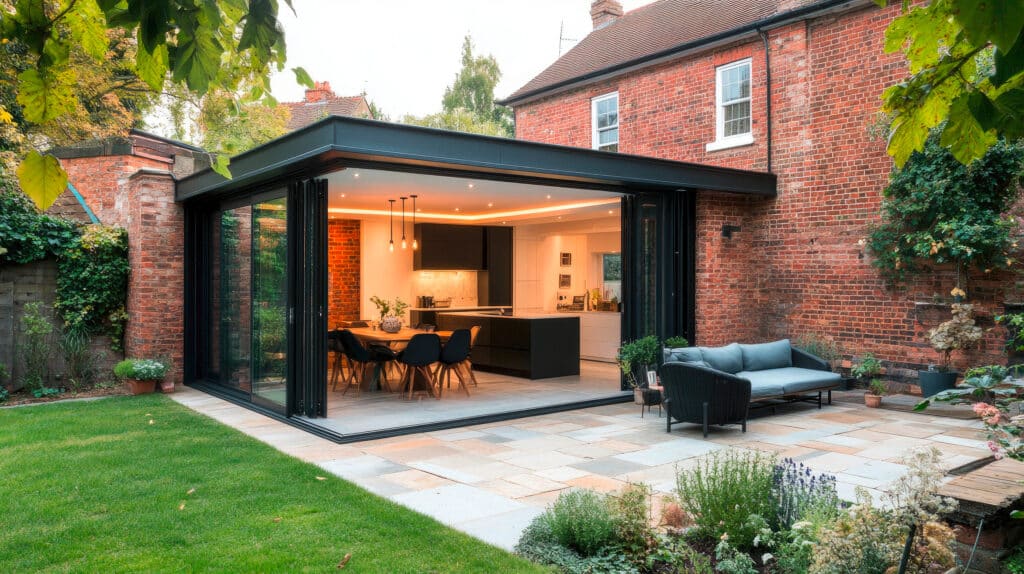 Moderner Hausanbau an ein älteres Backsteinhaus mit innovativen Glasfaltwänden für ein offenes Wohnen mit der Natur.