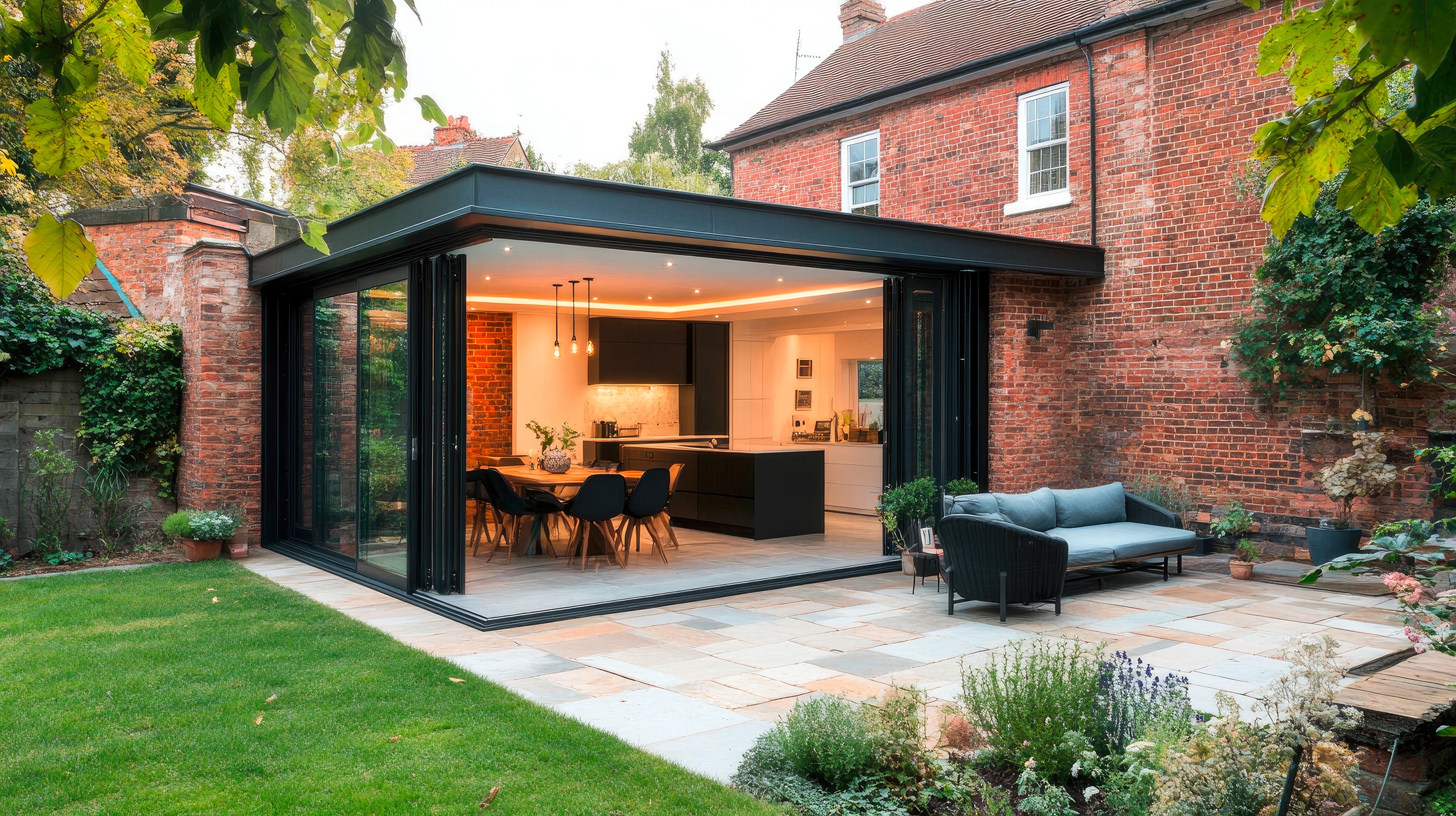 Moderner Hausanbau an ein älteres Backsteinhaus mit innovativen Glasfaltwänden für ein offenes Wohnen mit der Natur.
