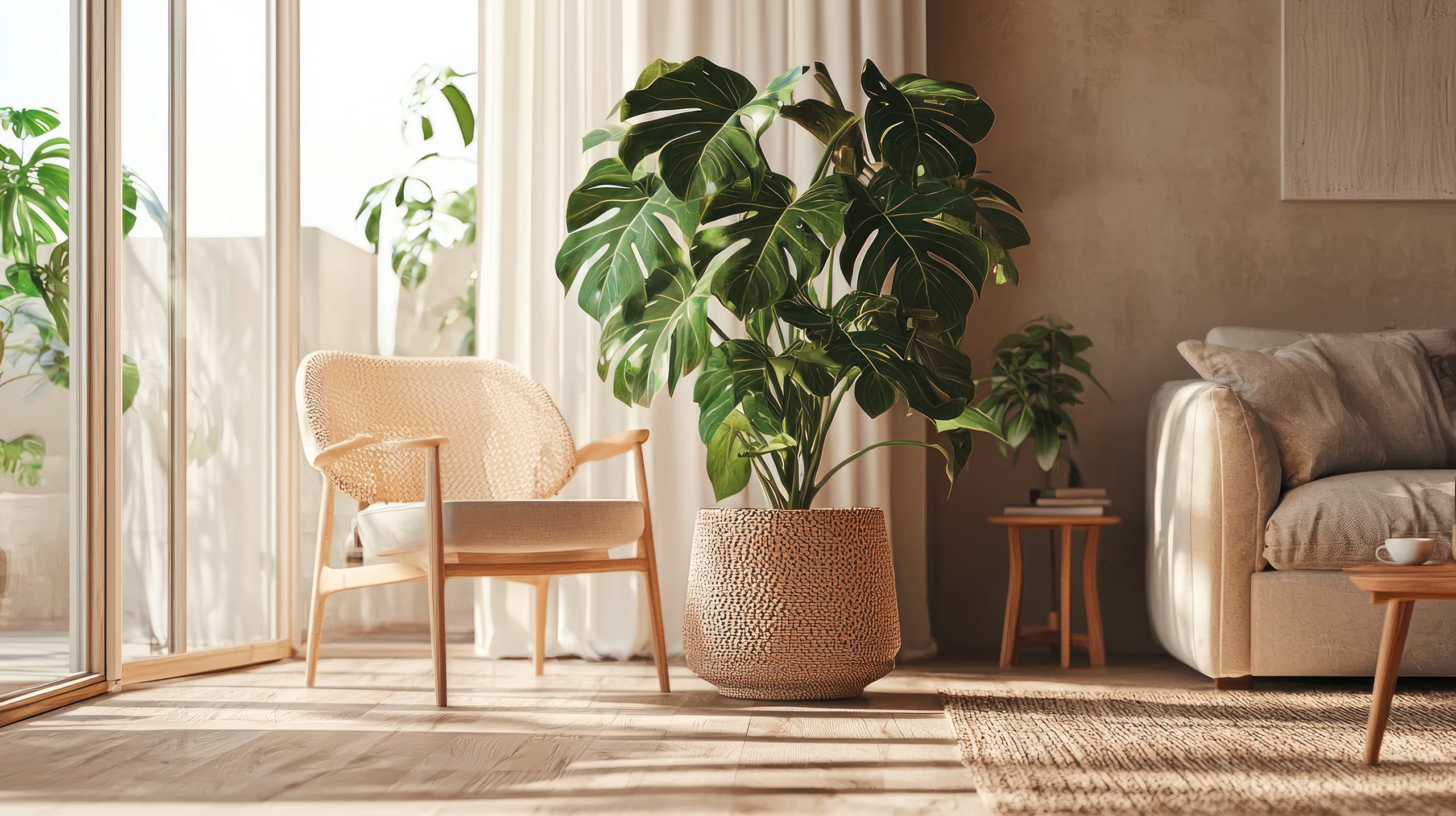Ein moderner Raum mit einer großen Monstera-Pflanze als Mittelpunkt, ergänzt durch neutrales Dekor.