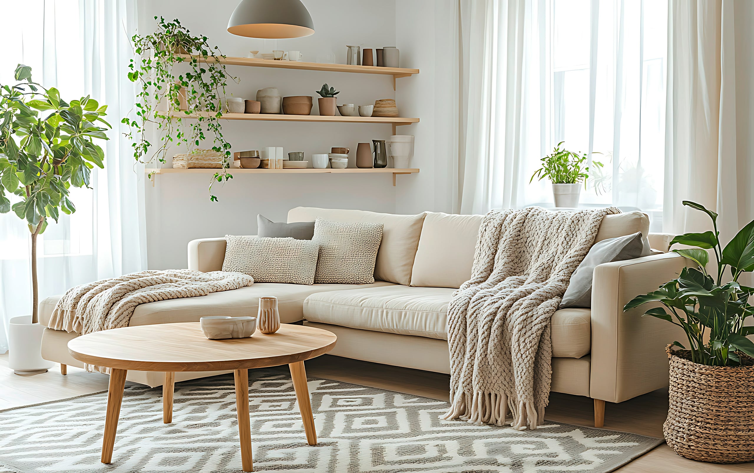 Gemütliches Wohnzimmer mit beigem Sofa, Couchtisch aus Holz, Pflanzen und Strickdecke.