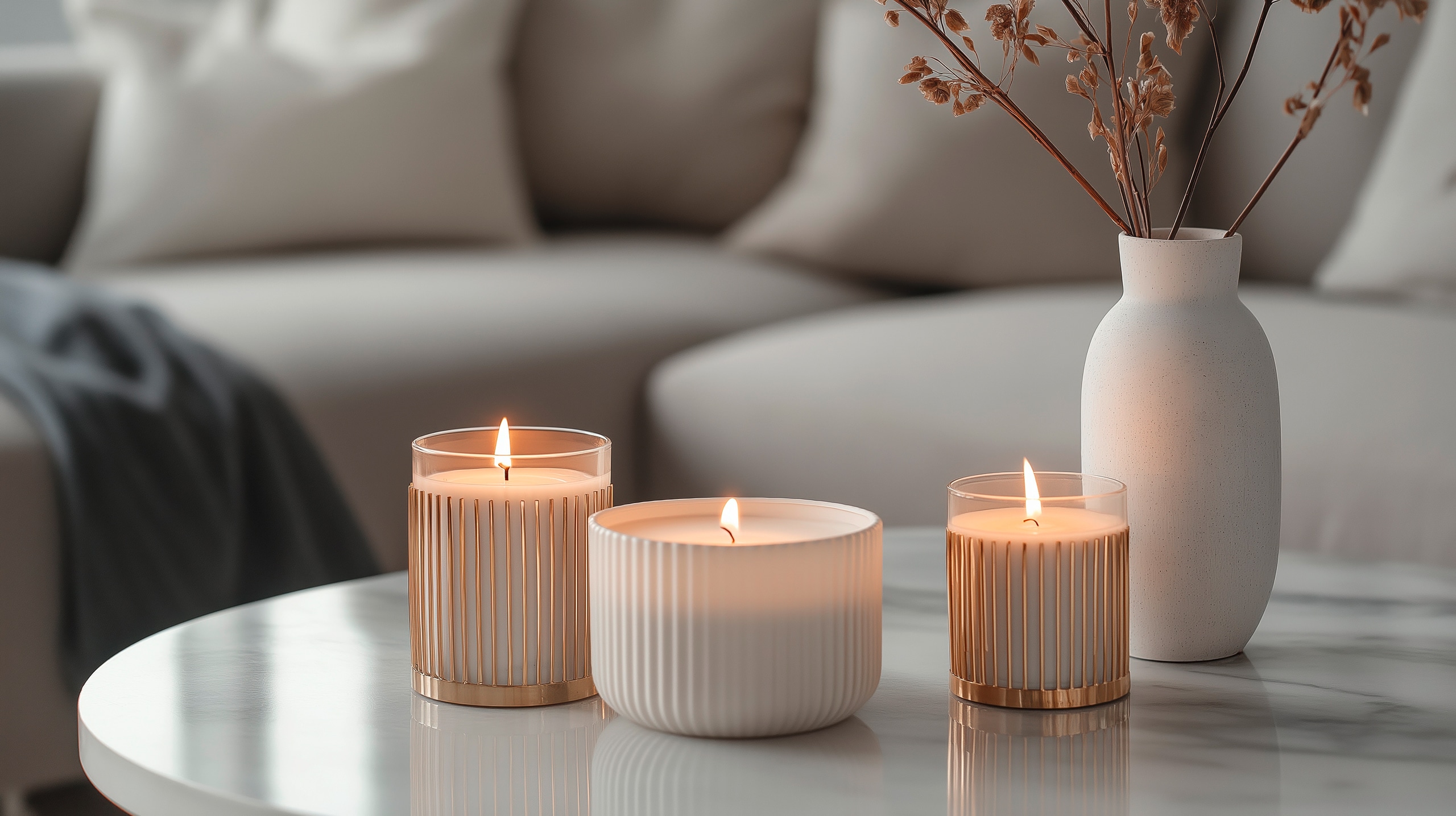 Modernes Wohnzimmer mit einem Couchtisch aus weißem Marmor in der Mitte. Auf dem Tisch stehen drei weiße Kerzen mit goldenen Streifen. Die Kerzen sind angezündet und erzeugen ein warmes Licht.