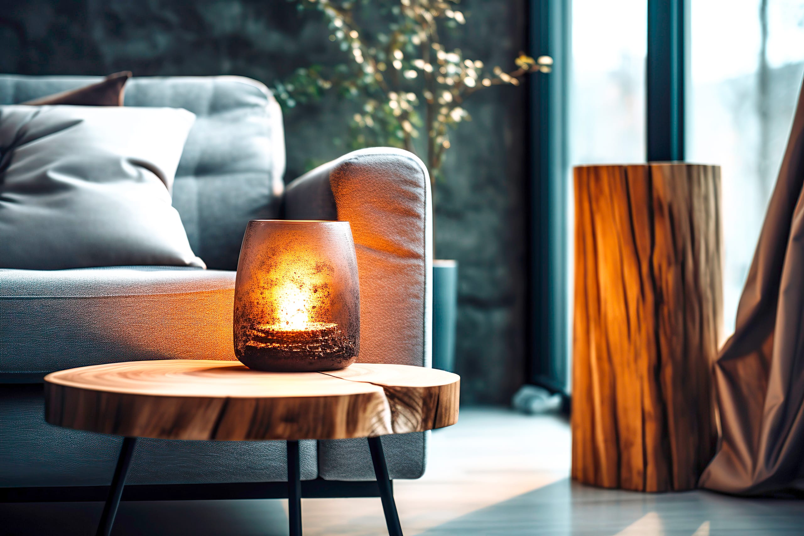 Nahaufnahme eines Grunge-Glases mit brennender Kerze auf einem Couchtisch mit Holzkante und grauem Sofa. Minimalistisches Loft-Innendesign im modernen Wohnzimmer.