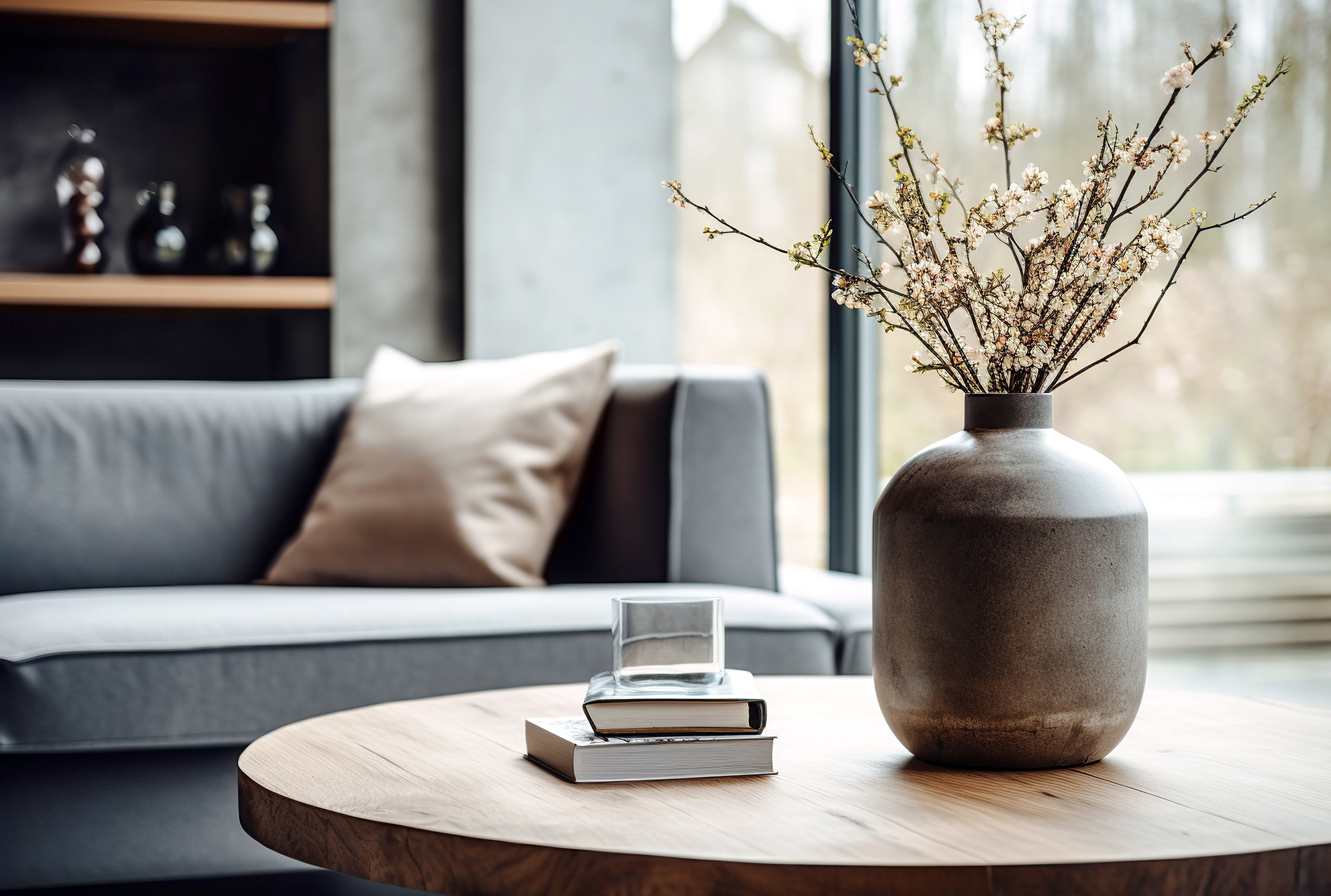 Nahaufnahme einer Keramikvase mit Blütenzweigen auf einem runden Couchtisch aus Holz vor einem grauen Sofa und einem Fenster. Minimalistisches Innendesign eines modernen Wohnzimmers.