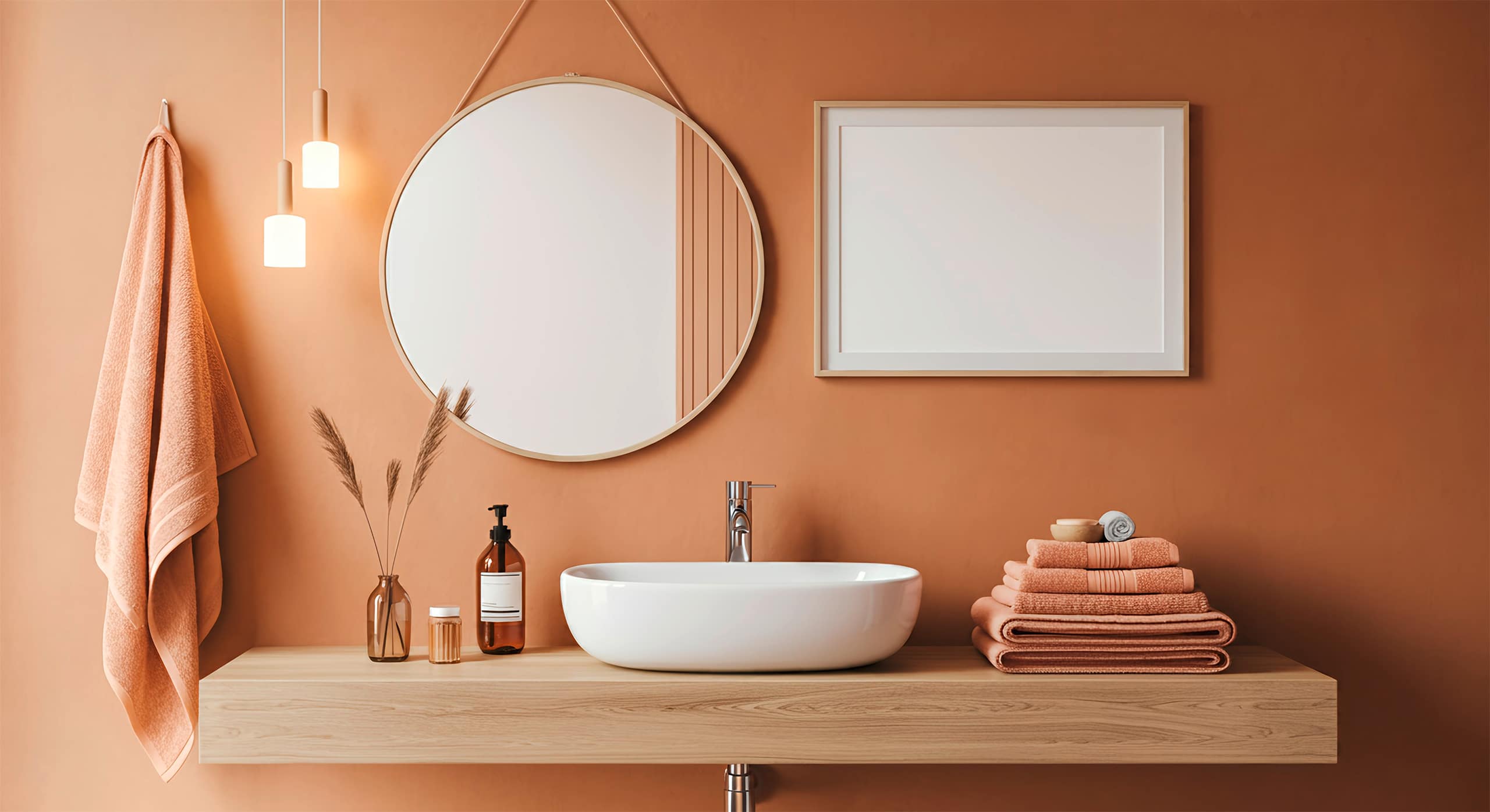 Detqailbild des modernen Waschtisches in einem Badezimmers mit Handtüchern, rundem Wandspiegel und Accessoires auf der Ablage aus hellem Holz. - KI-generiert