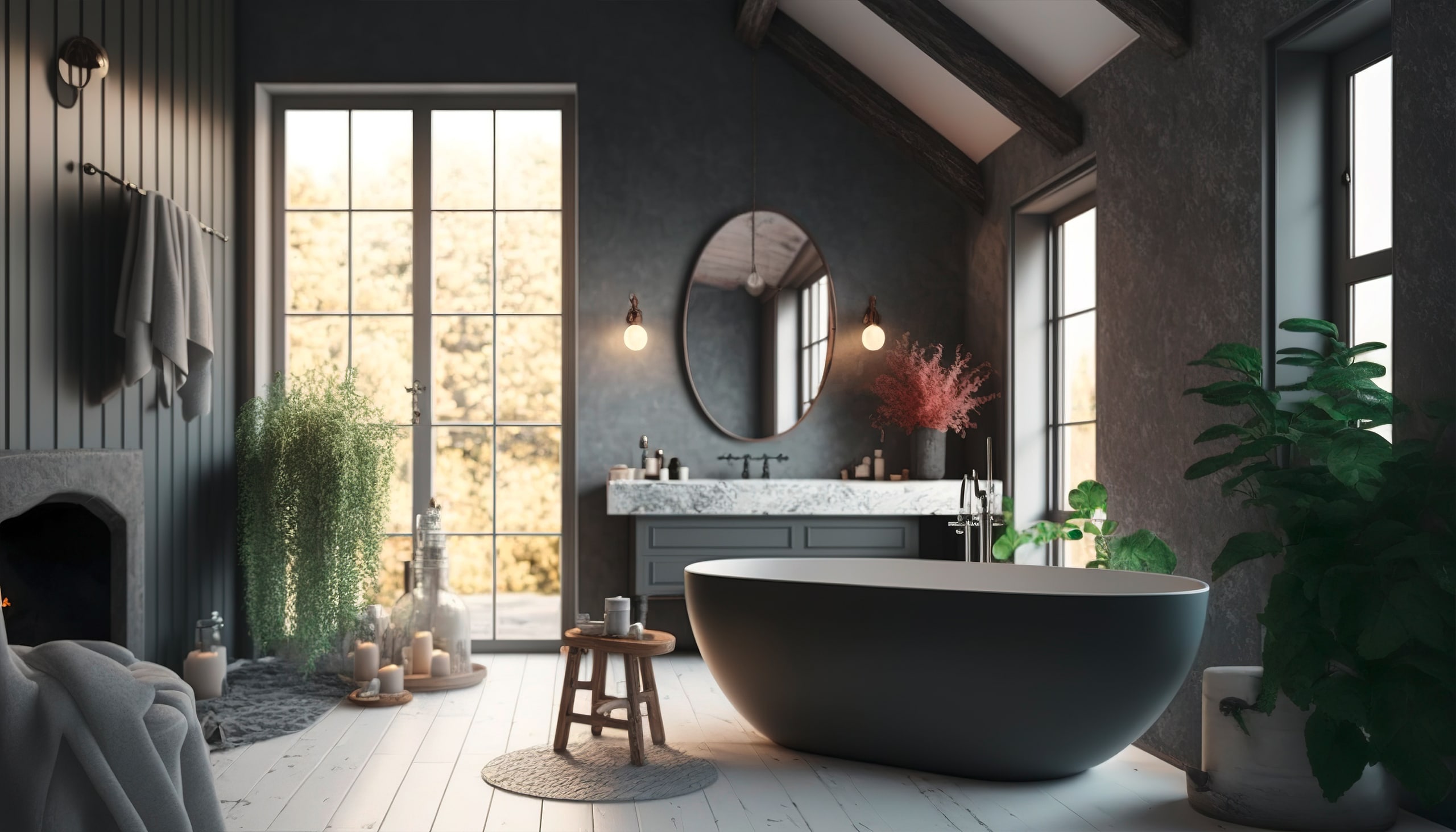 Badezimmer im skandinavischen Stil mit anthrazitfarbener Badewanne, Handtuch und großem Fenster. Der Raum ist in Anthrazit ausgemalt und erhält dadurch einen mystischen, eleganten Look. - KI-generiert
