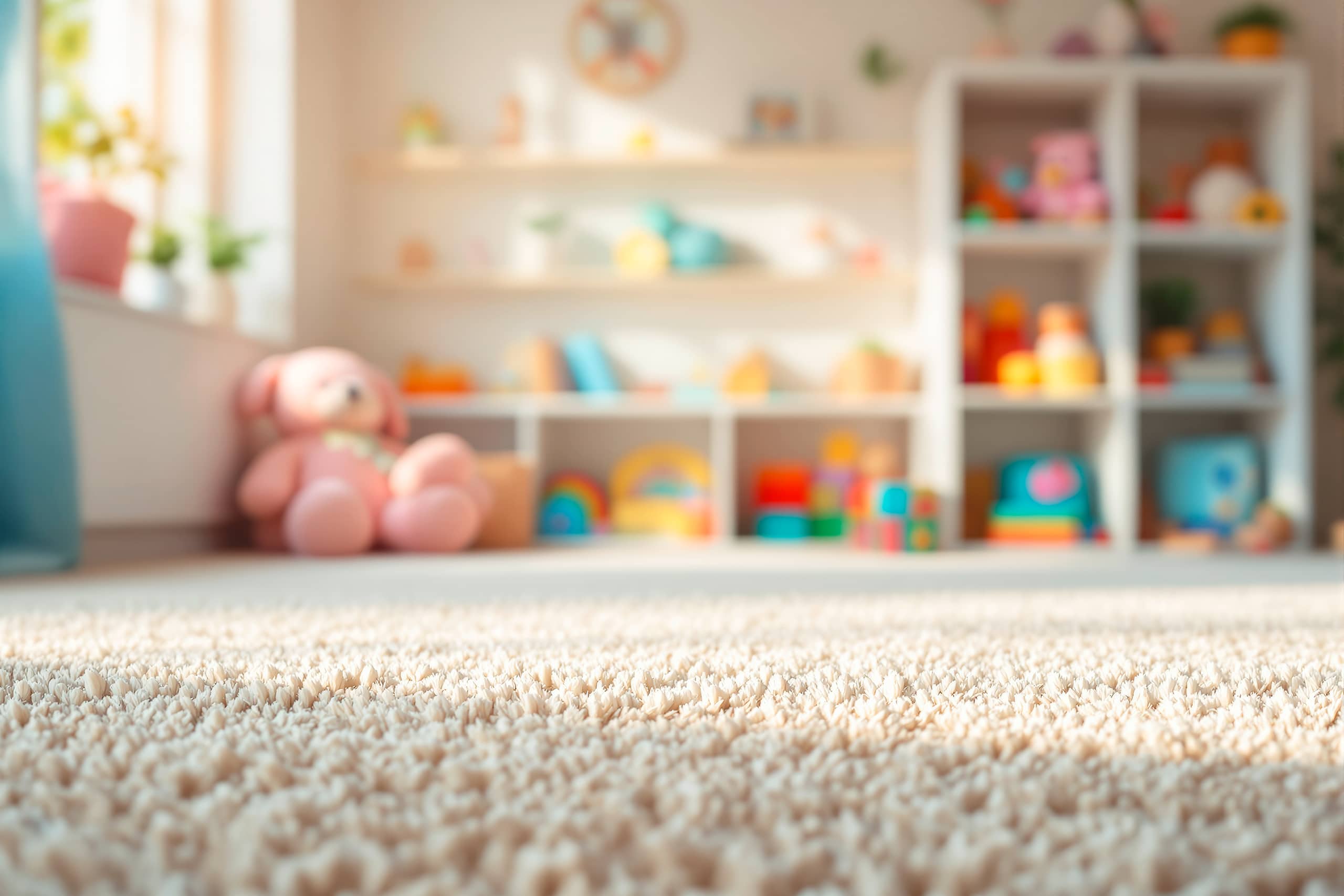 Detailfoto eines flauschigen Teppichboden in einem hellen, freundlichen Kinderzimmer mit zahlreichen Spielzeug im Hintergrund.