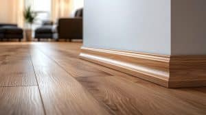 Eine Kunststoff-Sockelleiste mit Holzstruktur, die als Ergänzung zu Parkett- oder Laminatböden in hellem Holzton dient.