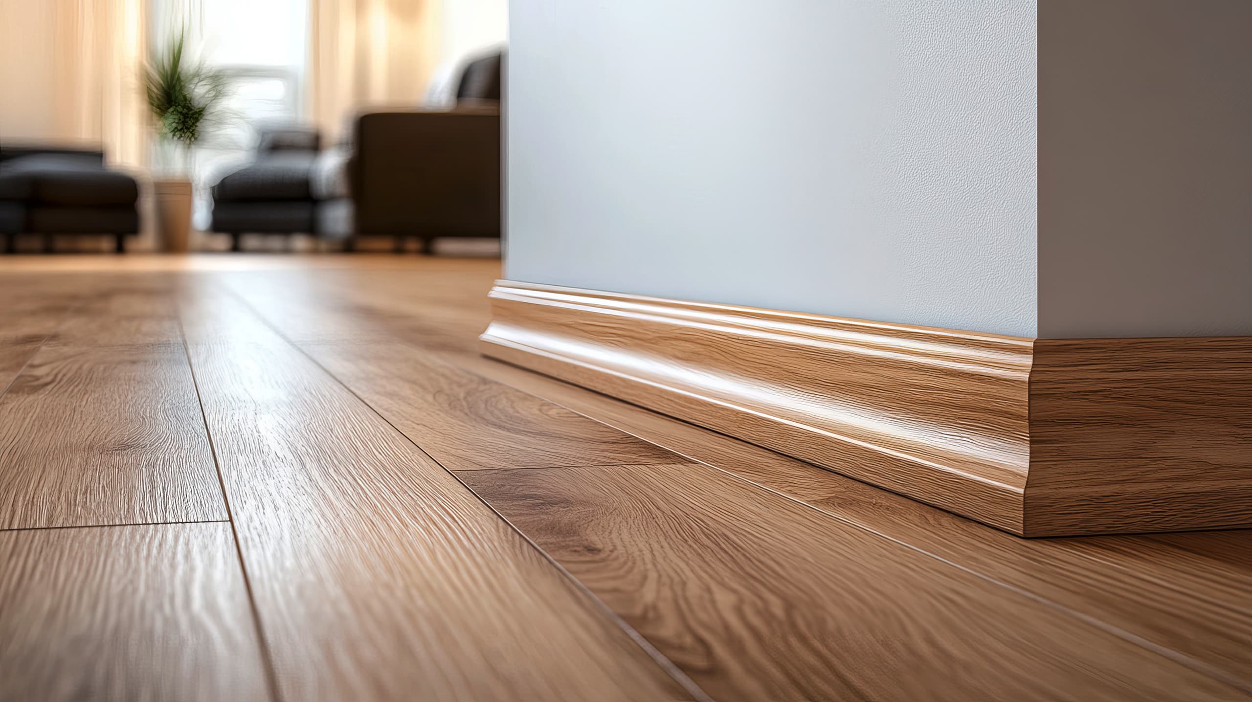 Eine Kunststoff-Sockelleiste mit Holzstruktur, die als Ergänzung zu Parkett- oder Laminatböden in hellem Holzton dient.
