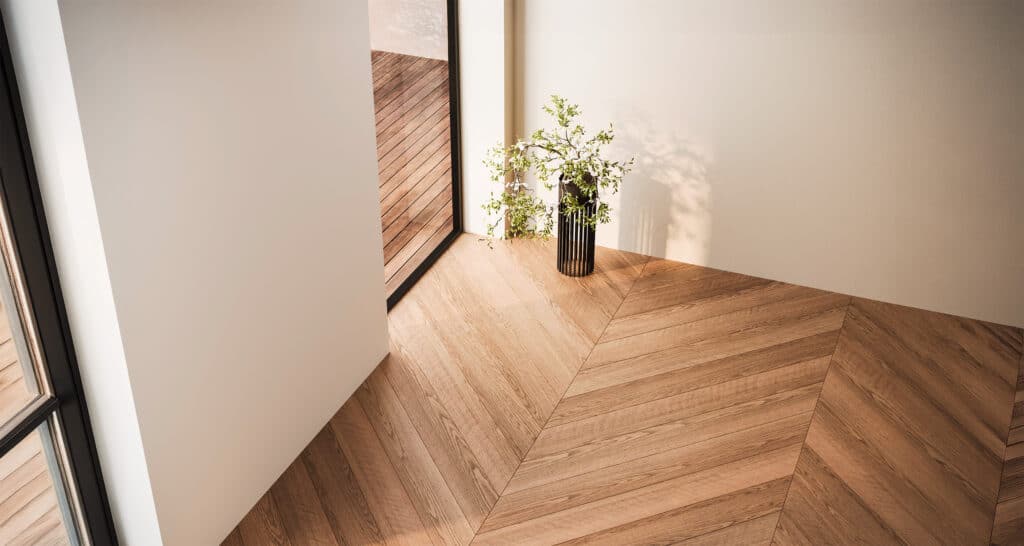 Moderne Raumgestaltung einer Wohnung bzw. leeres Wohnzimmer mit weißen Wänden und hochwertigem Parkettboden aus Massivholz in Fischgrätverlegung und Fenstern mit Blick auf die Holzterrasse. - KI-generiert