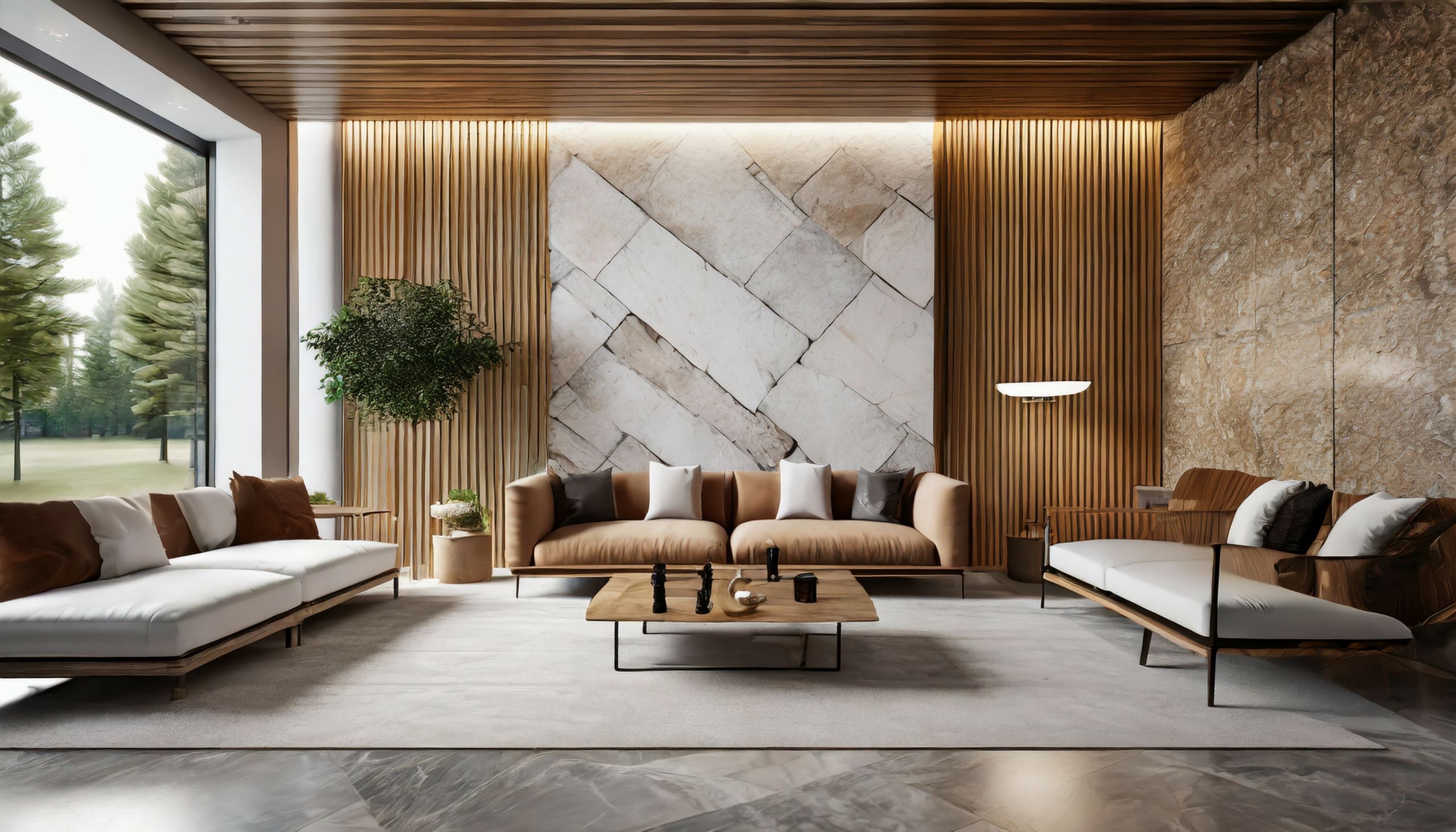Interieur im zeitgenössischen Stil mit Sofadekorationen und einer Wandverkleidung aus Holz und Stein.