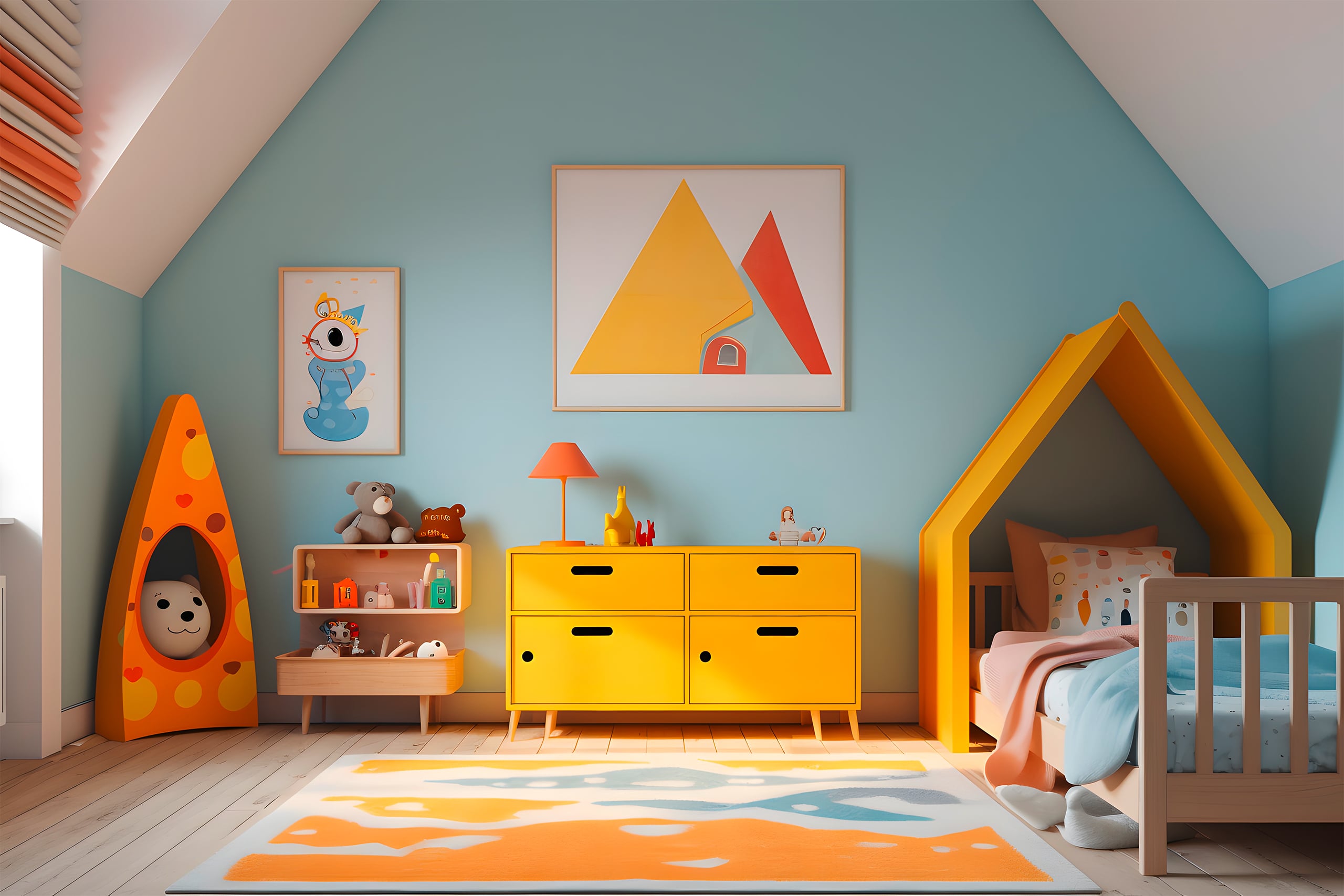Buntes Kinderzimmer mit kindgerechten Möbeln, einem Bett mit einem Kopfteil, dass ein Haus symbolisiert und zahlreichen süßen Spielsachen. Die Wänd esind in hellem Blau gehalten. - KI-generiert