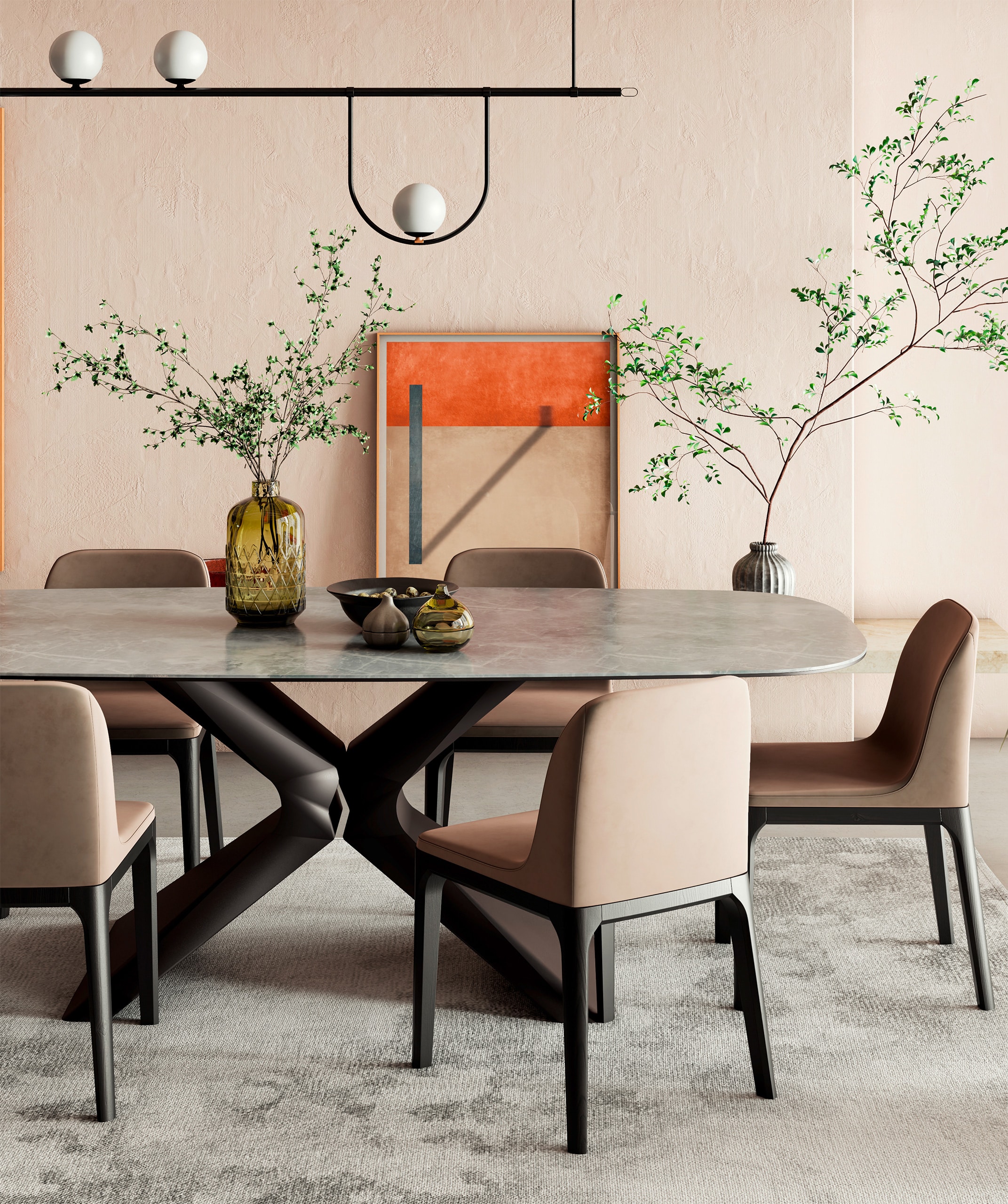 Großer, moderner und heller Luxus-Wohnbereich mit Fokus auf das Esszimmer bzw. Essbereich mit extravagantem Esstisch im Marmorlook und schwarzem Metallgestall und Stühlen in Leder und schwarzem Stuhlbeinen.