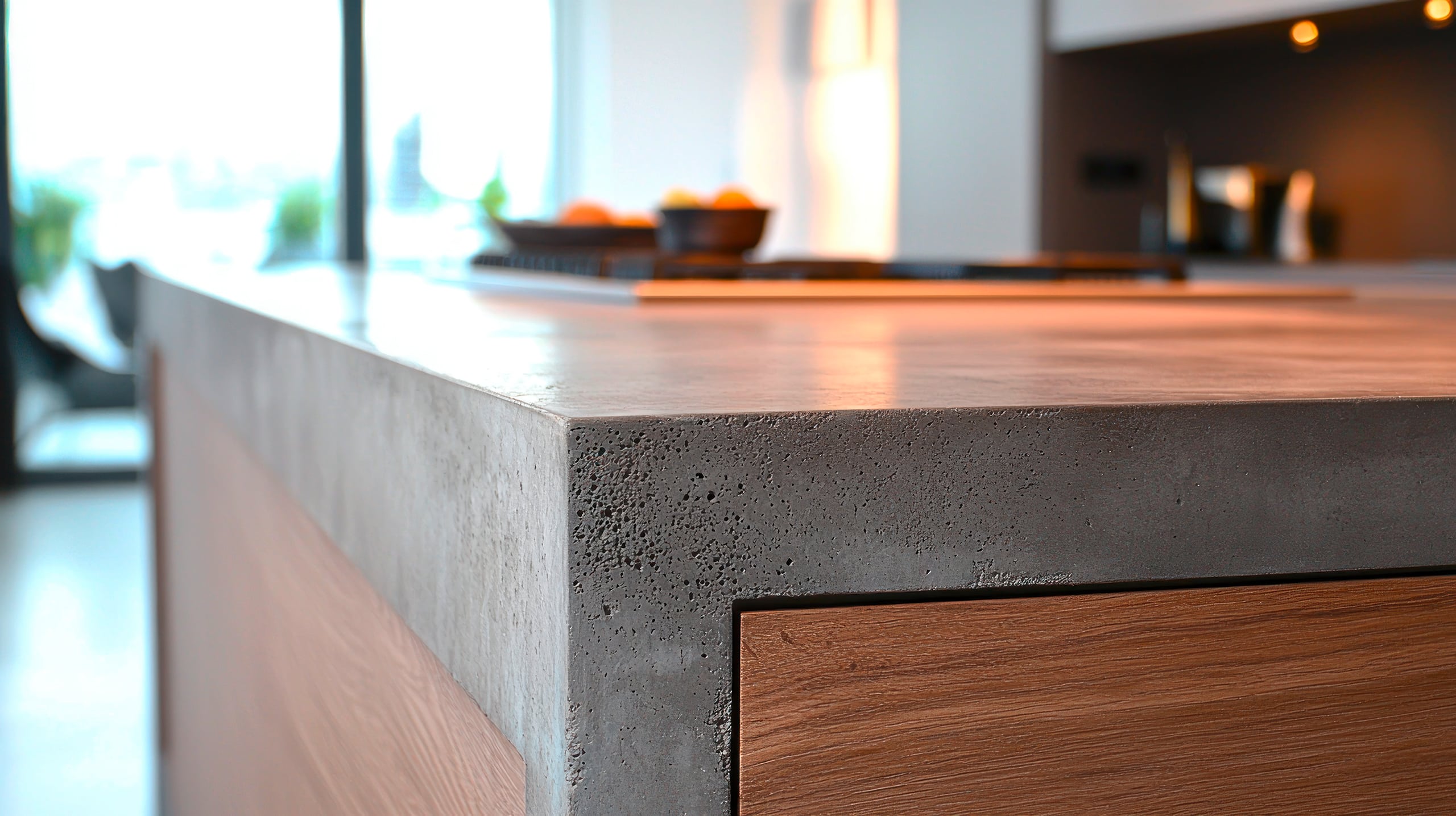 Detailansicht einer modernen Küchentheke aus Beton und Holz.