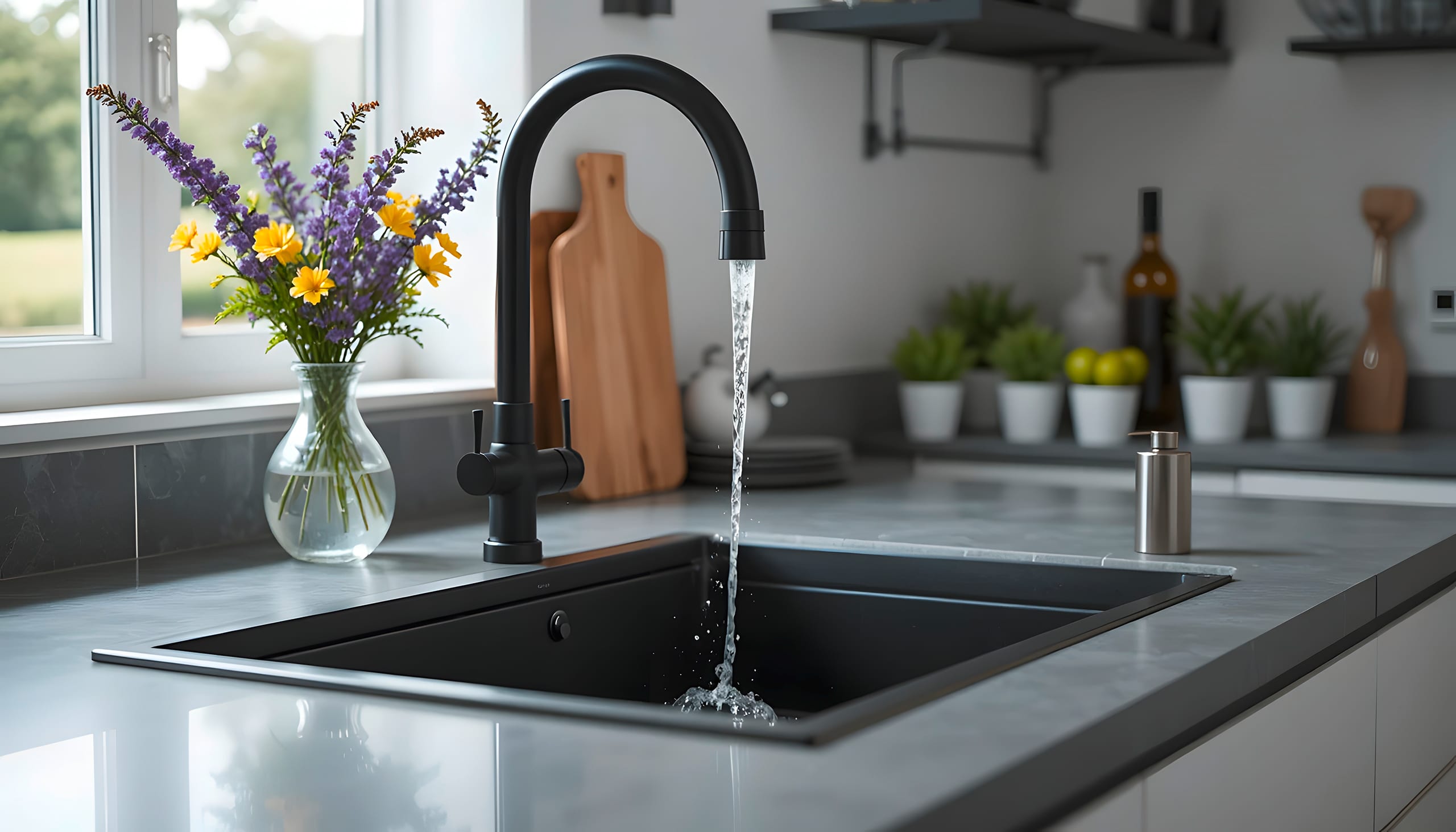 Moderne Küchenspüle mit moderner, hoher Küchenarmatur bzw. Wasserhahn in mattem Schwarz und mit fließendem Wasser, Blumen und Küchenutensilien, die in einer hellen und sauberen Umgebung aus gerader Perspektive sichtbar sind.