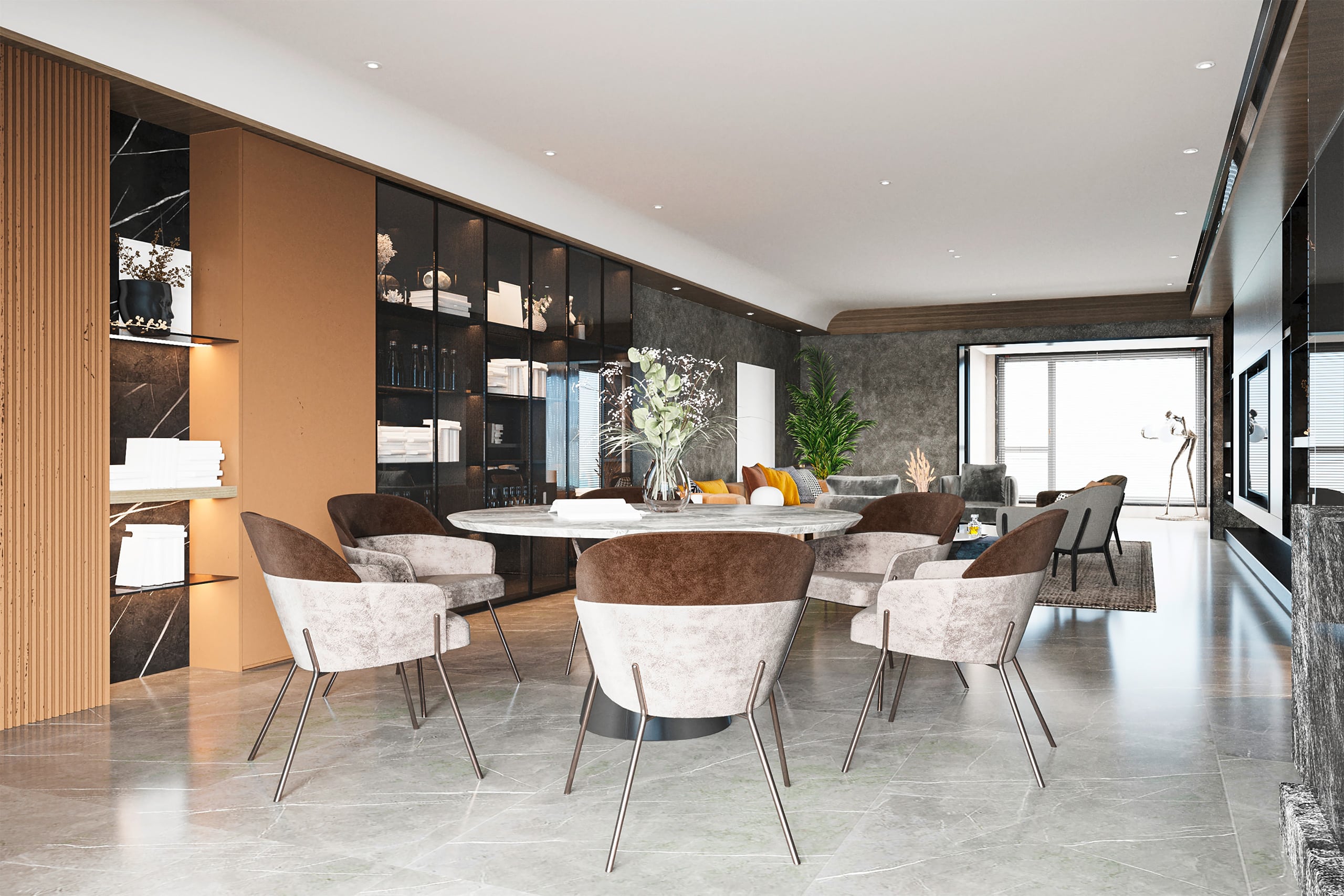 Moderner, luxuriöser Wohnbereich mit ansprechendem Essbereich mit offenem Grundriss, Marmor-Esstisch und Designerstühlen.