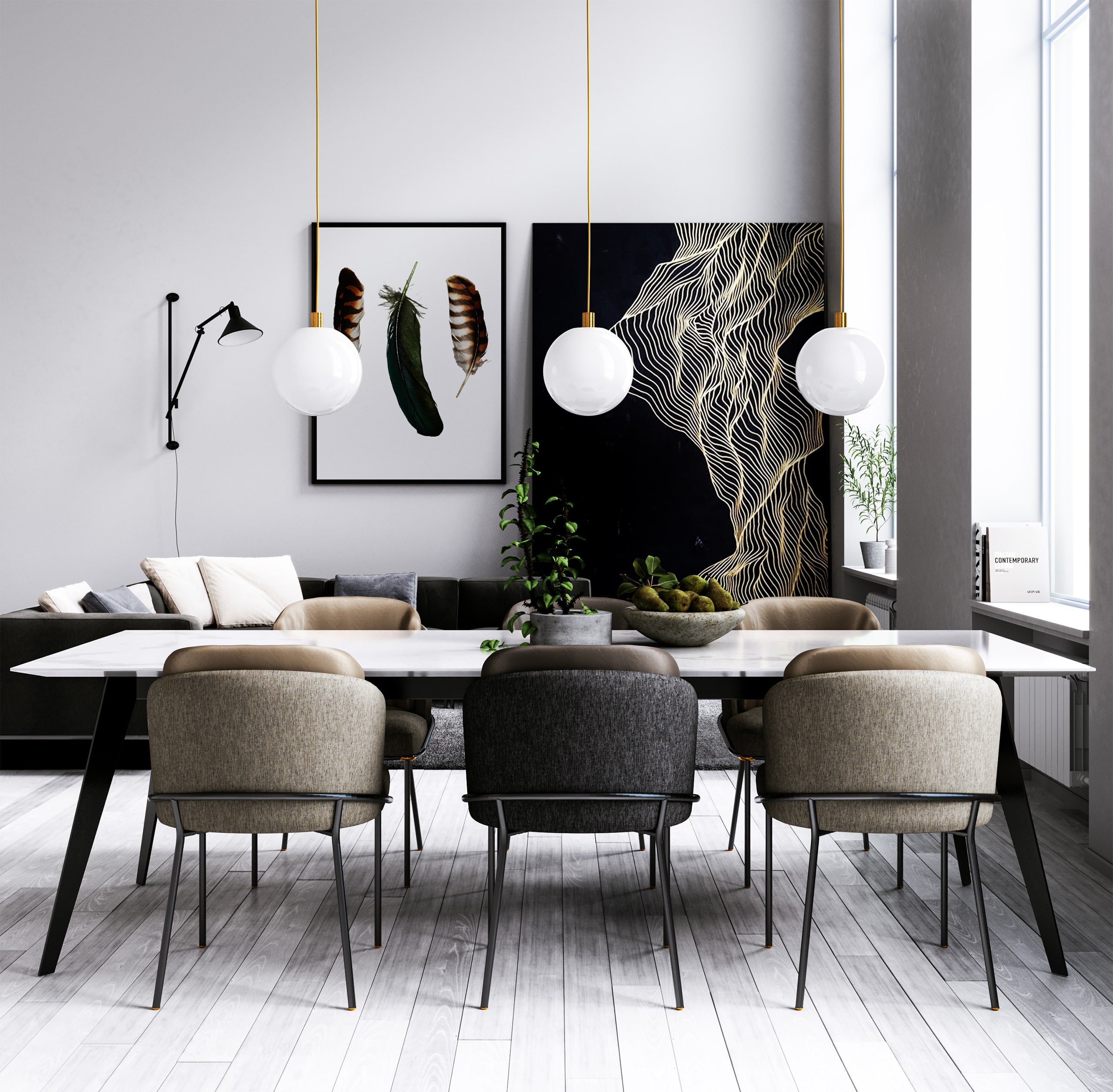 Modernes Esszimmer bzw. Essbereich mit großem Tisch in Marmoroptik und 6 Stühlen mit ansprechender Textilbespannung, sowie großen Bildern an der weißen Wand.