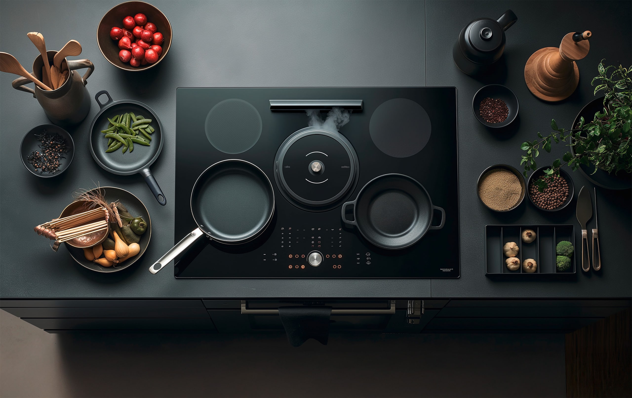 Innovtives, schwarzes Induktionskochfeld mit Touch-Bedienelementen und Downdraft-Dunstabzug direkt in der Ceranplatte, der den Dunst vom Kochfeld absaugt, umgeben von modernem Kochgeschirr und Küchen-Accessoires.