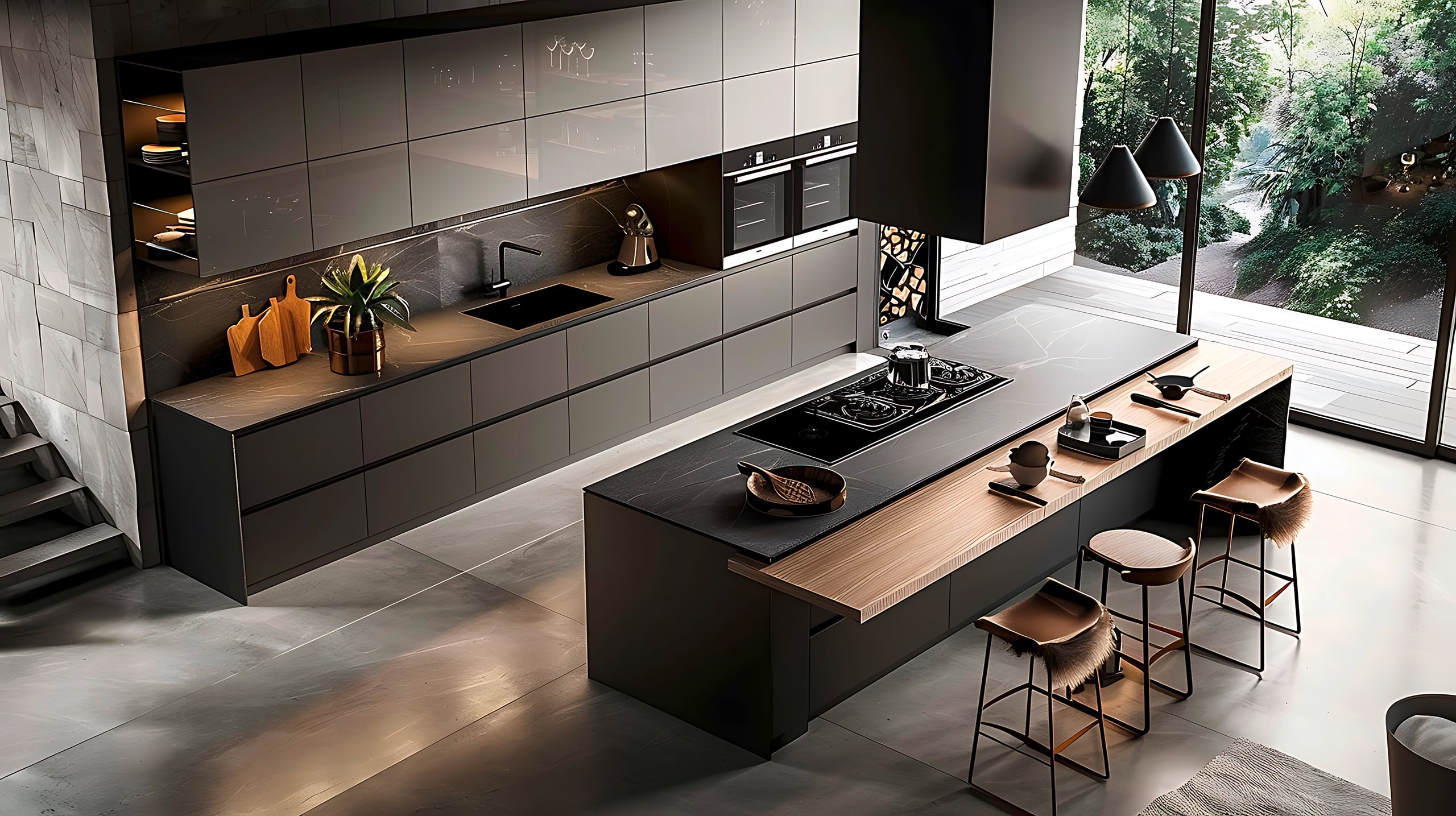 Moderne, dunkle und grifflose Küche mit einer großzügigen Kochinsel mit einem Barbereich aus einer massiven Holzplatte, mit Fokus auf Ergonomie und überdimensionalen Fliesenplatten am Boden.