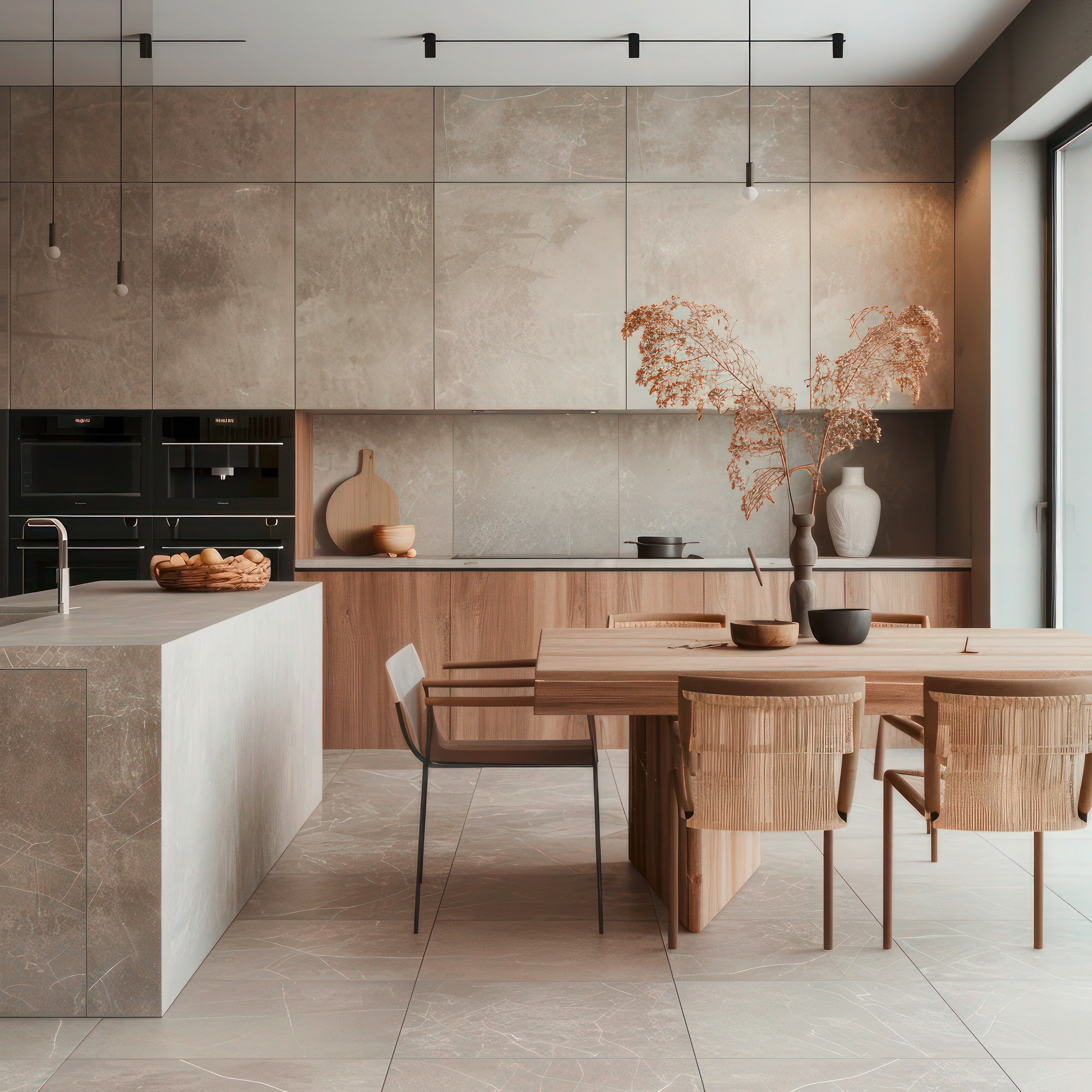 Hochmoderne Küche mit minimalistischem Design: Kochinsel, Esstisch und Stühle unterstreichen das moderne Interieur und schaffen einen funktionalen Wohnraum.