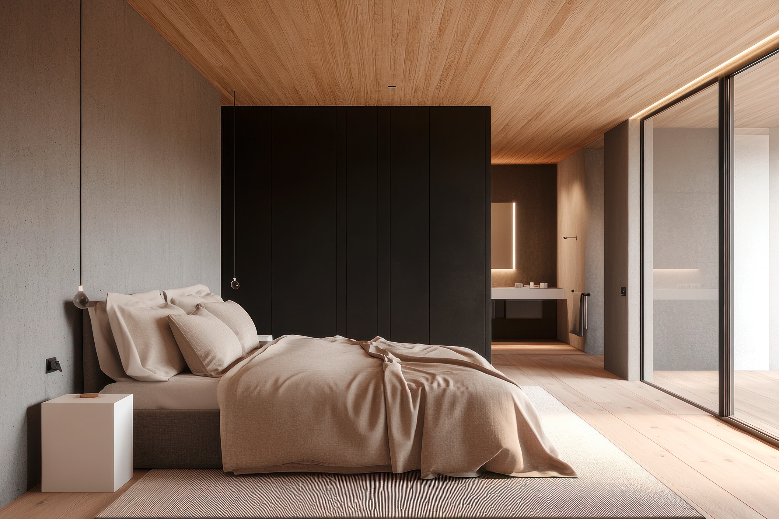 Modernes, minimalistisches Schlafzimmer mit Einbauschrank und eigenem Bad, welches durch eine schmale Wand in Schwarz ansprechend getrennt wird.