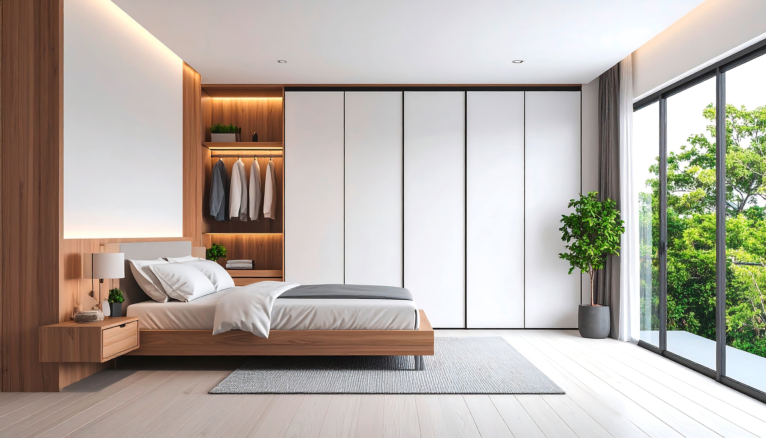 Modernes, großzügiges Schlafzimmer mit hohem Schrankverbau in weiß und großen Fensterflächen.