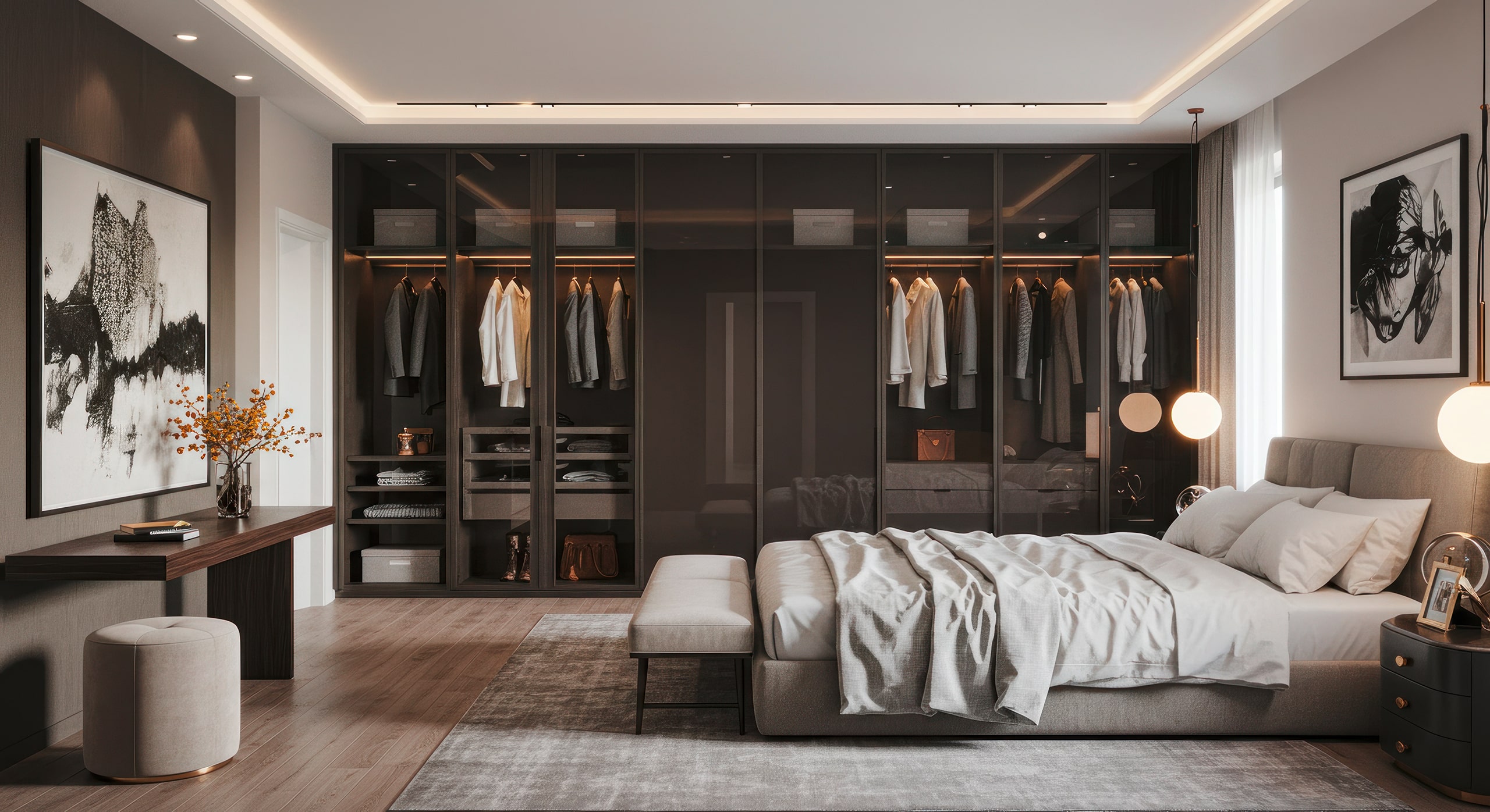 Modernes Schlafzimmer mit dunkelgrauem begehbarem Kleiderschrank und bequemem Bett.