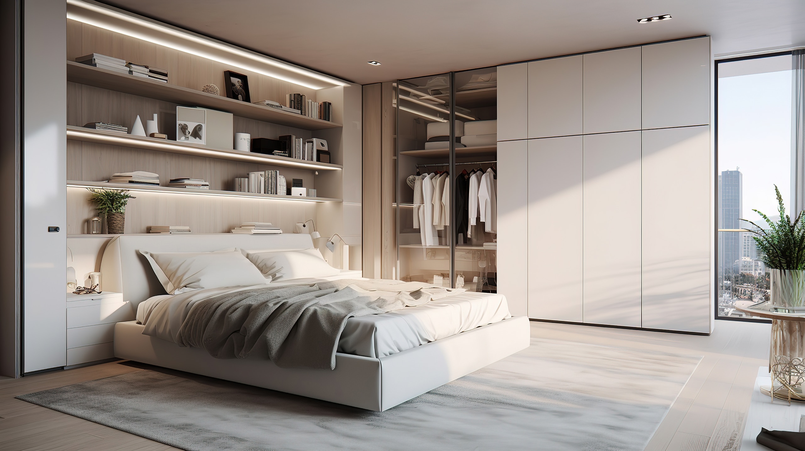 Interieur eines modernen Schlafzimmers mit bequemem Bett und großem Kleiderschrank.