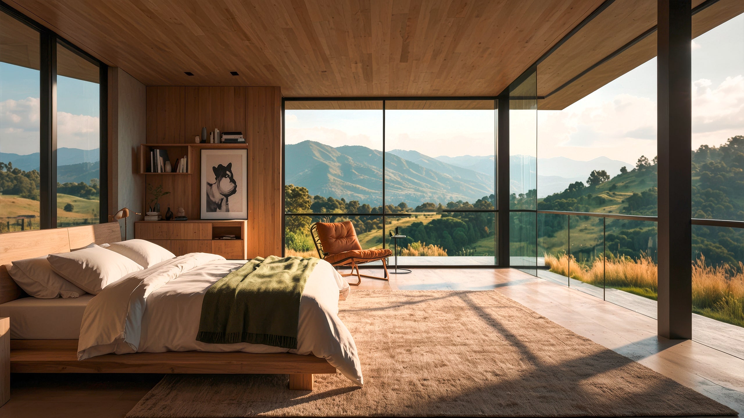 Helles, modernens Schlafzimmer mit großem Doppelbett aus Holz auf beigefarbenem Teppich im lichtdurchfluteten Raum mit großen Fensterfronten und Ausblick in die weite Natur mit sanften Hügeln und Wädern.