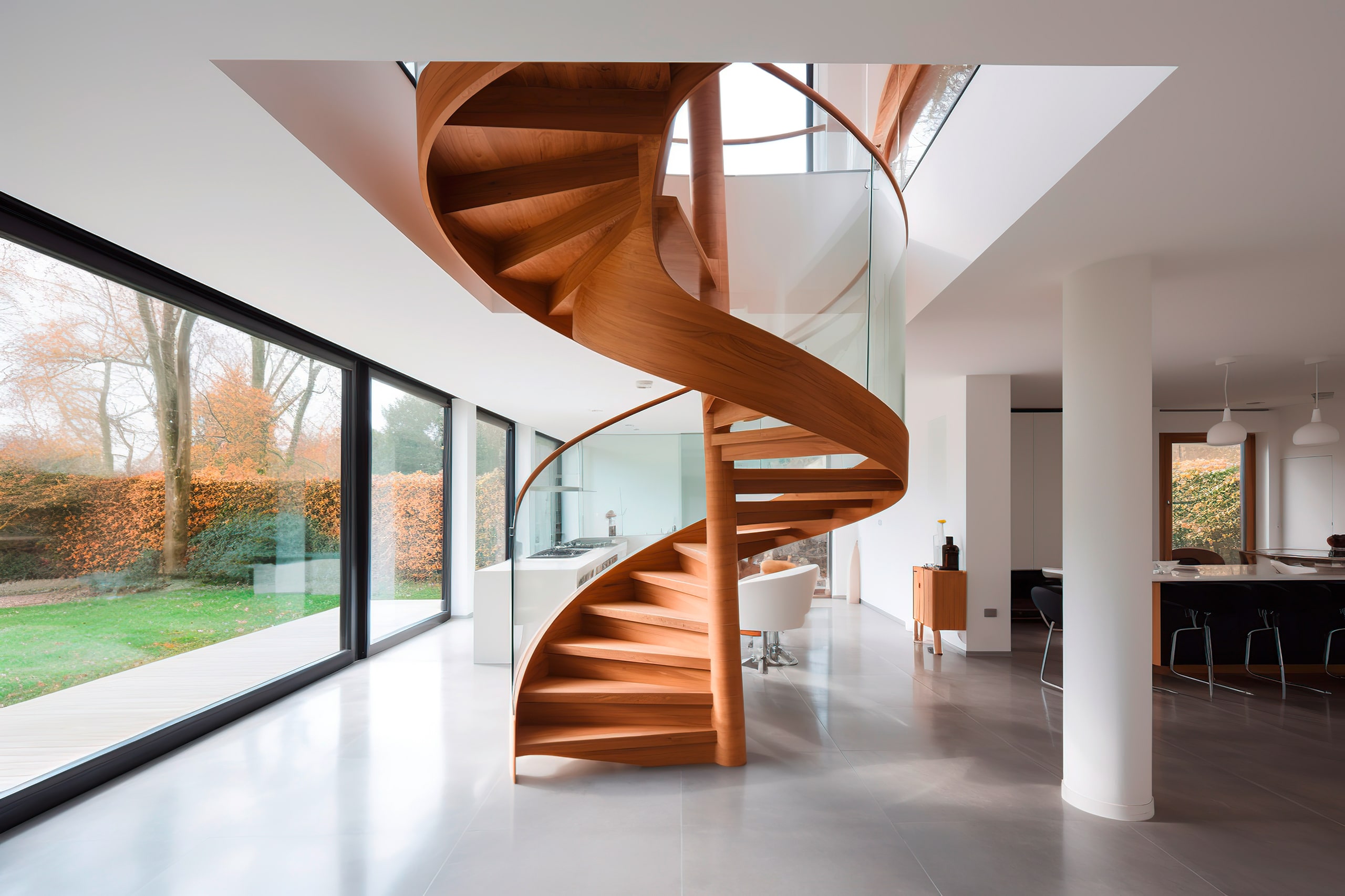 Elegante Wendeltreppe aus Holz mit Glasgeländer und Handläufen ebenfalls aus Holz als eindrucksvoller Eye-Catcher im modernen Wohnraum eines elitären Wohnhauses.