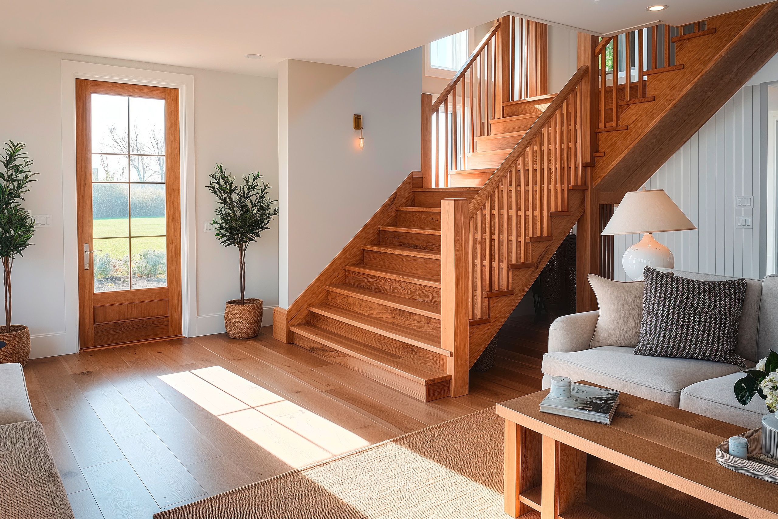 Gemütlicher Vorraum mit großem Fenster und natürlichem Licht durch die Glasflächen der Haustüre aus Holz. Breite Holztreppe, Sofa, Couchtisch, Bücherregal, Stehlampe.