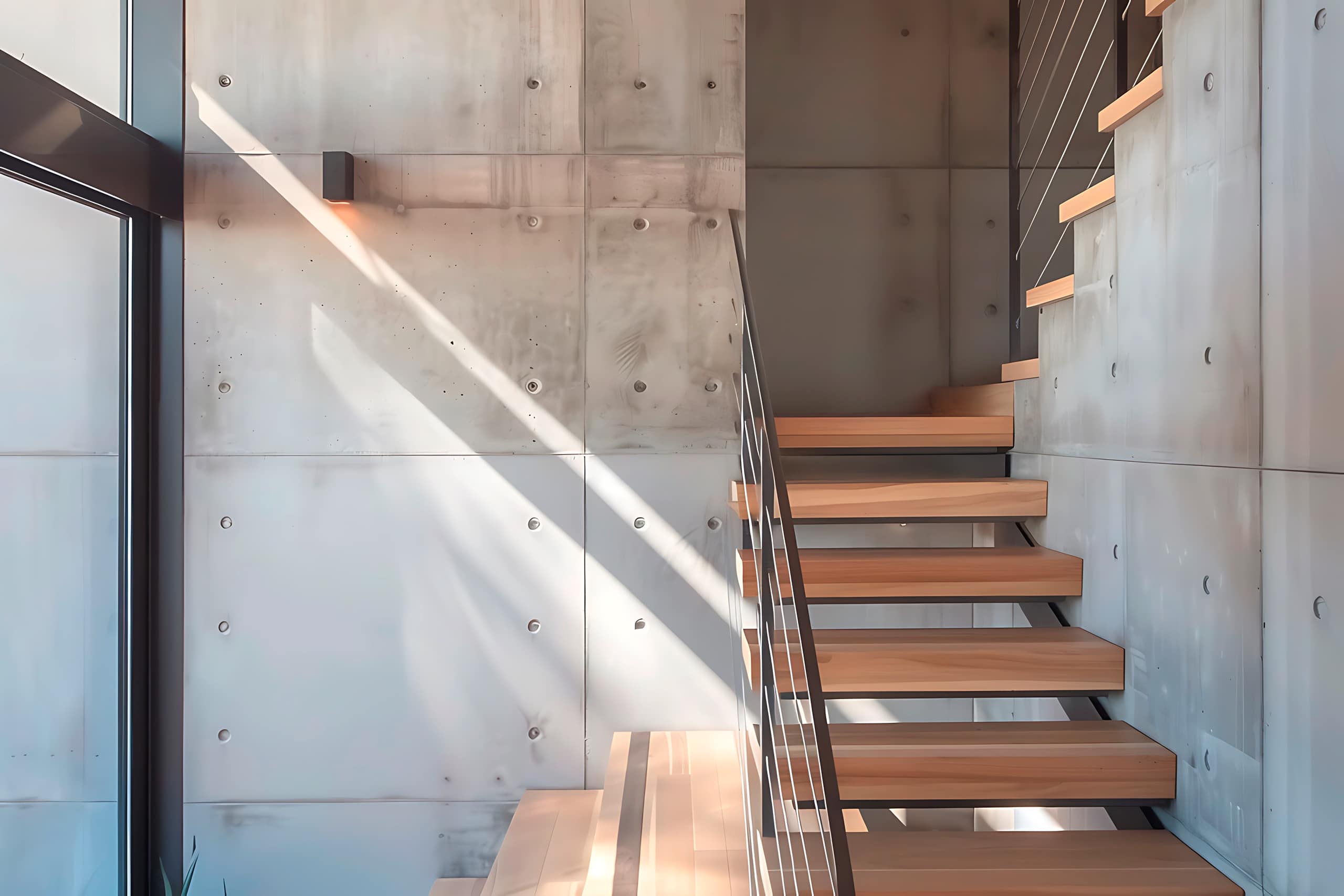 Eine moderne Treppe mit hellen Holzstufen, Kabelgeländern und einer Akzentwand aus Sichtbeton.