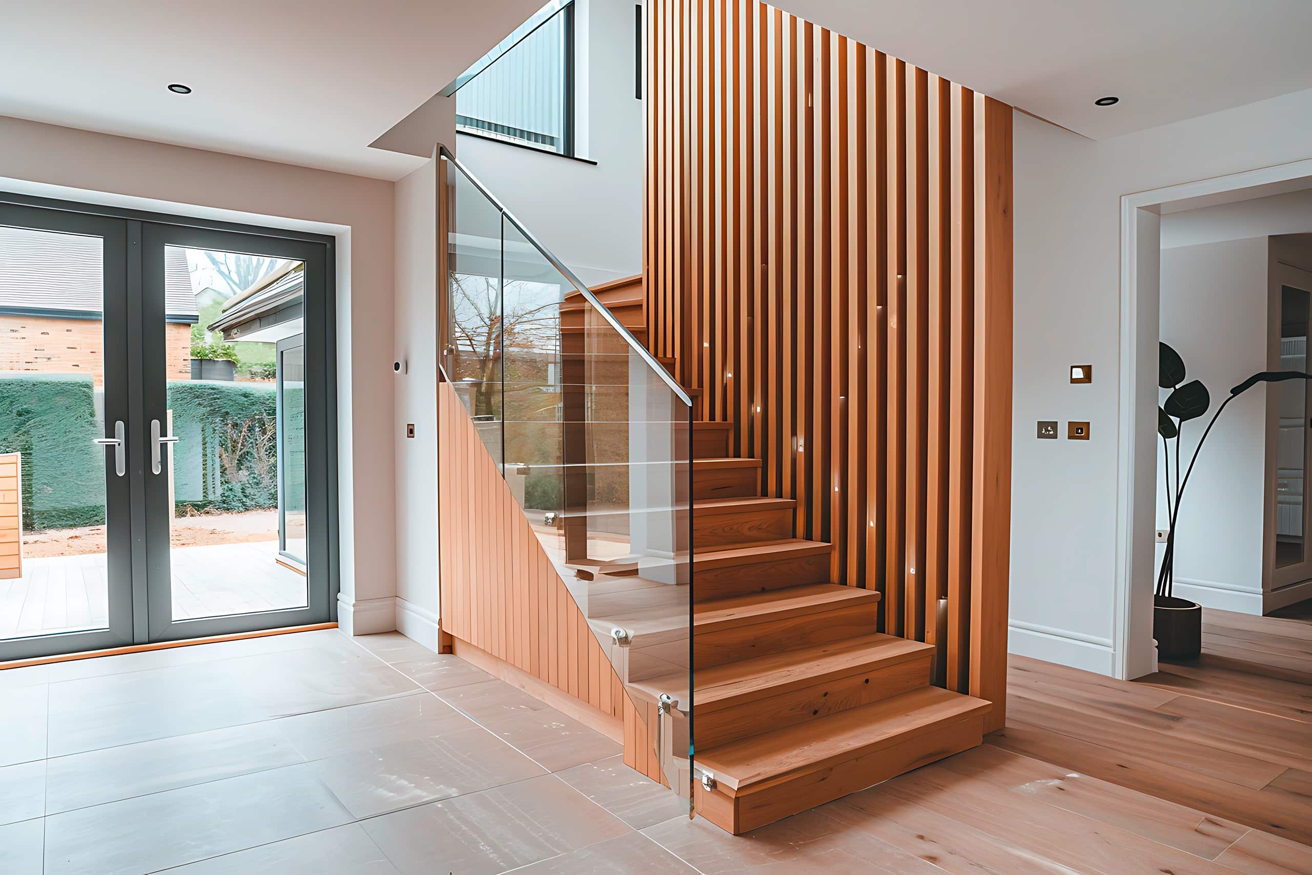 Eine moderne Treppe aus Buchenholz, einem Glasgeländer einerseits und einer Akzentwand mit vertikalen Holzelementen ebenfalls aus Buche.