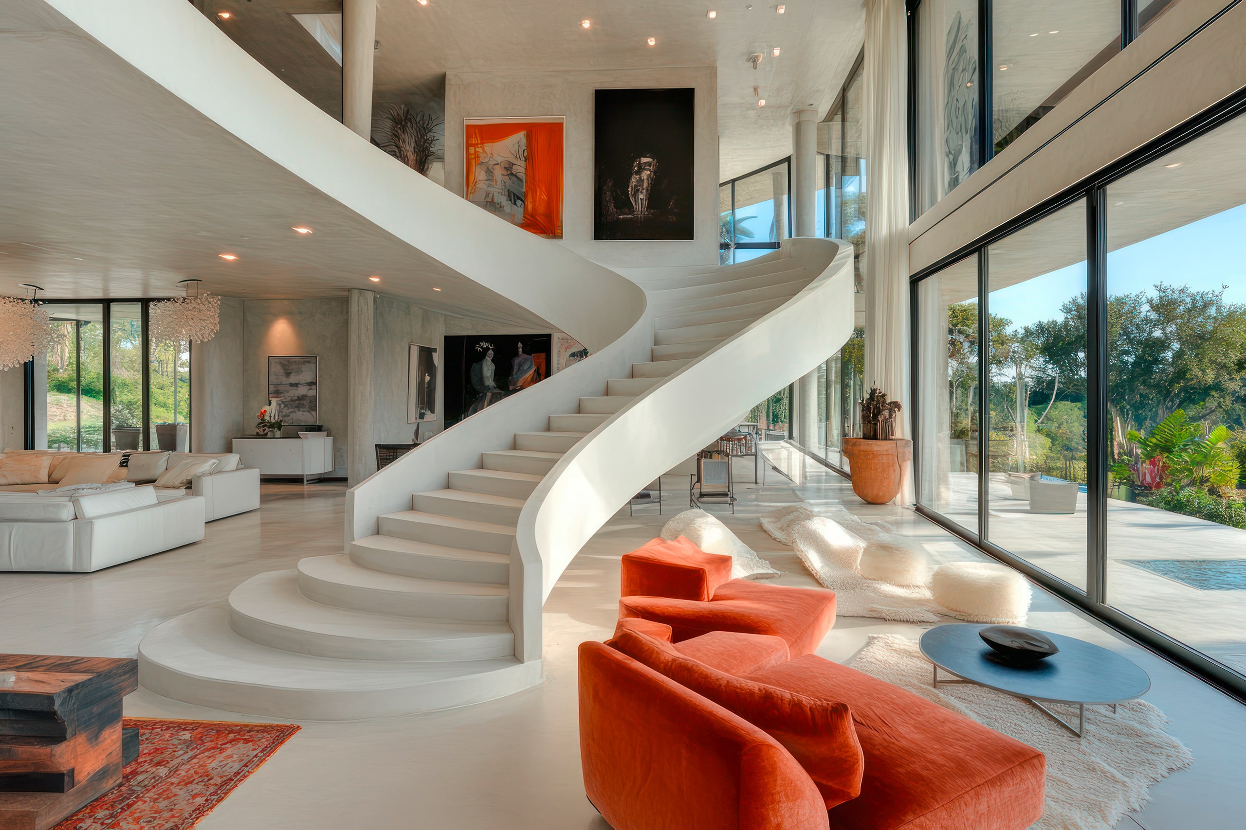 Elegant halbgewendelte, gemauerte Treppe in weiß in einem luxuriösen, modernen Wohnraum.