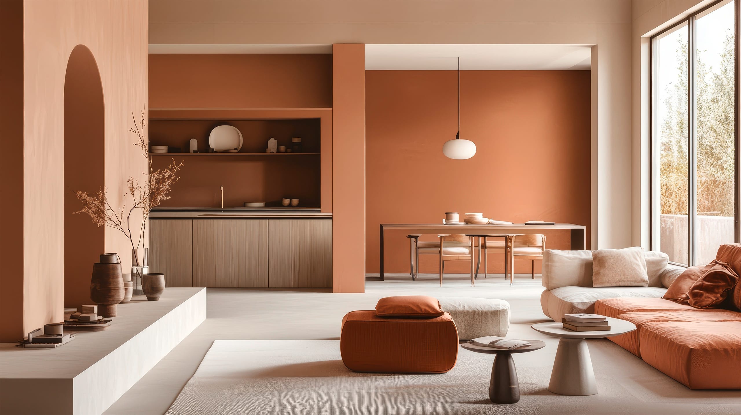 Modernes Wohnzimmer mit pfirsichfarbenen Wänden und cremefarbenen Boden und Decke kombiniert mit einer Küche aus hellem Holz in einem lichtdurchfluteten Raum. - KI-generiert