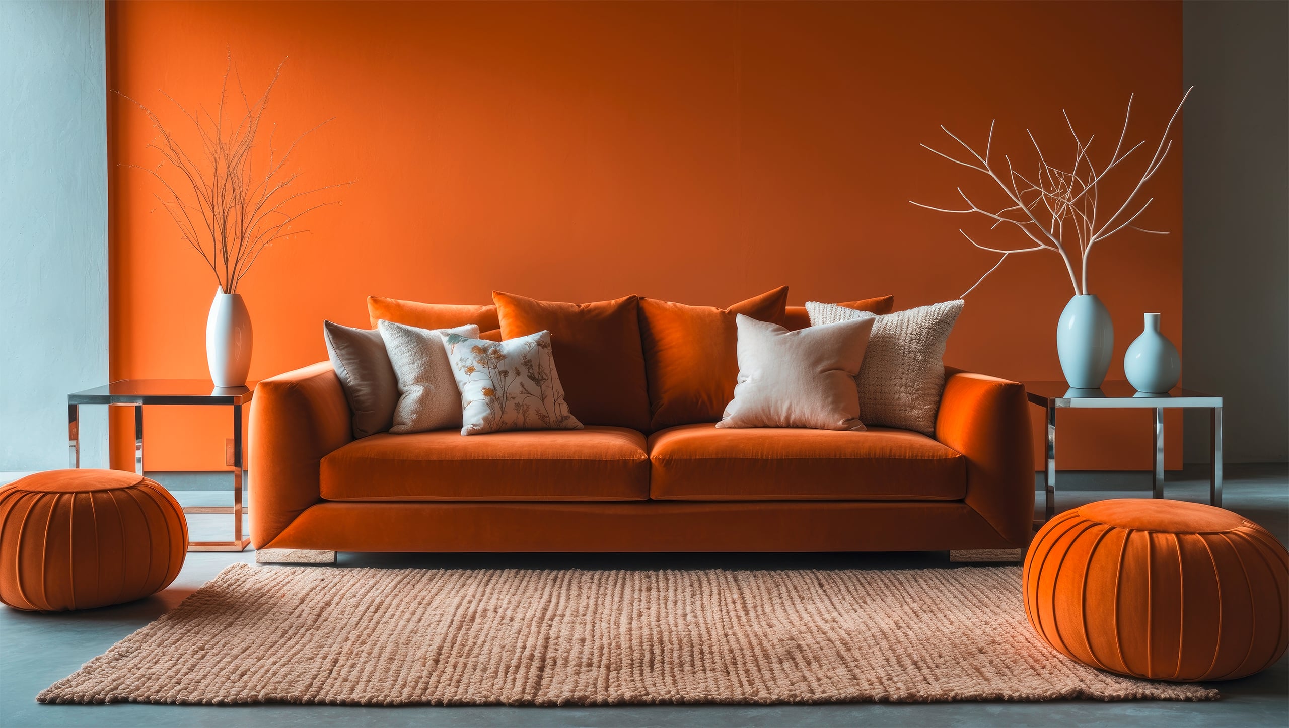 Moderner Wohnbereich mit Sofa und Sitzhockern in orange vor einer leuchtend, ebenfalls orangen Wand. Accessoires in Form von weißen Vases mit Ästen, orangen Pouffs am Boden und zwei Beistelltischen runden das ansprechende Raumbild ab. - KI-generiert