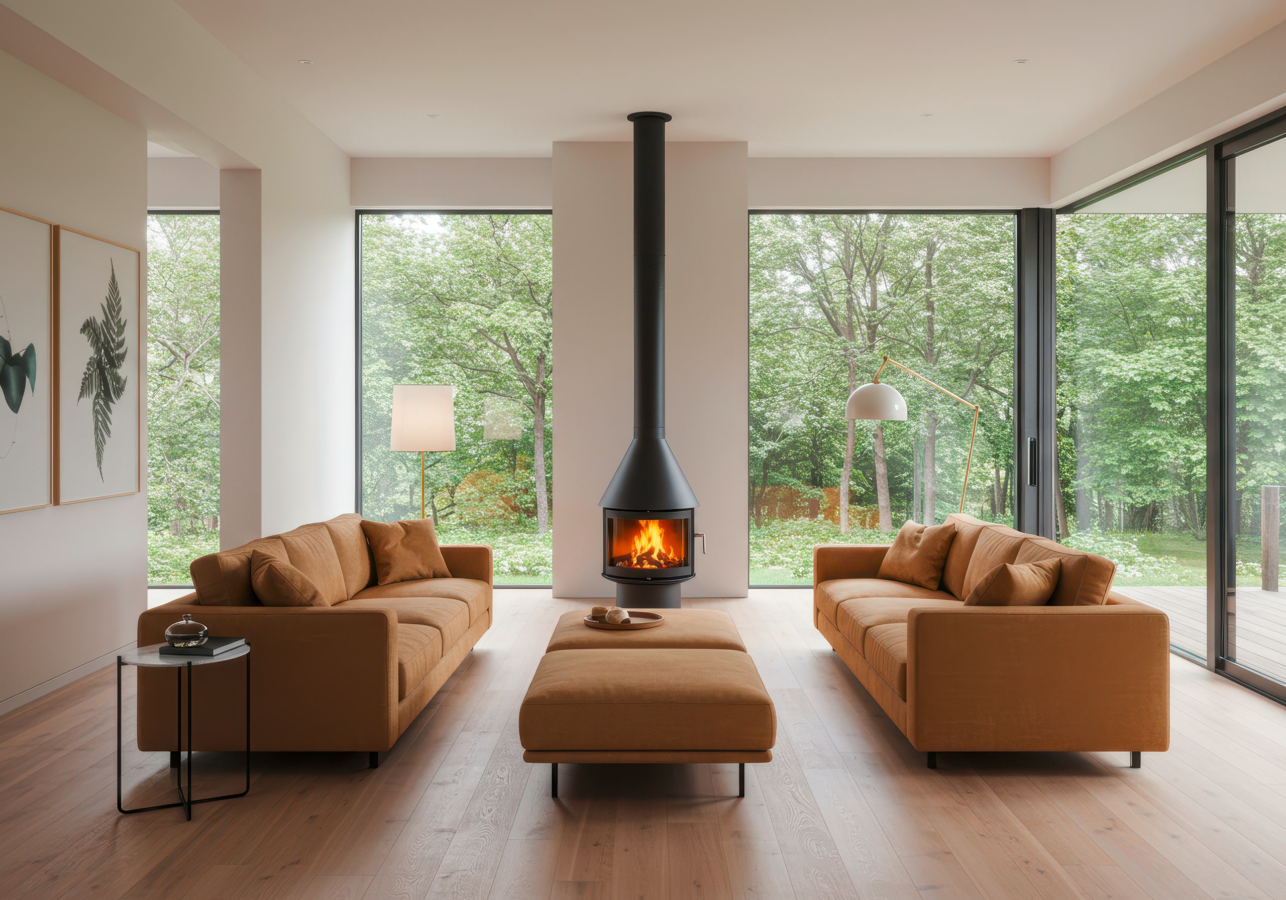 Wohnzimmer mit Sofas, Kamin und großen Fenstern mit Blick ins Grüne. Einladender und gemütlicher Raum.